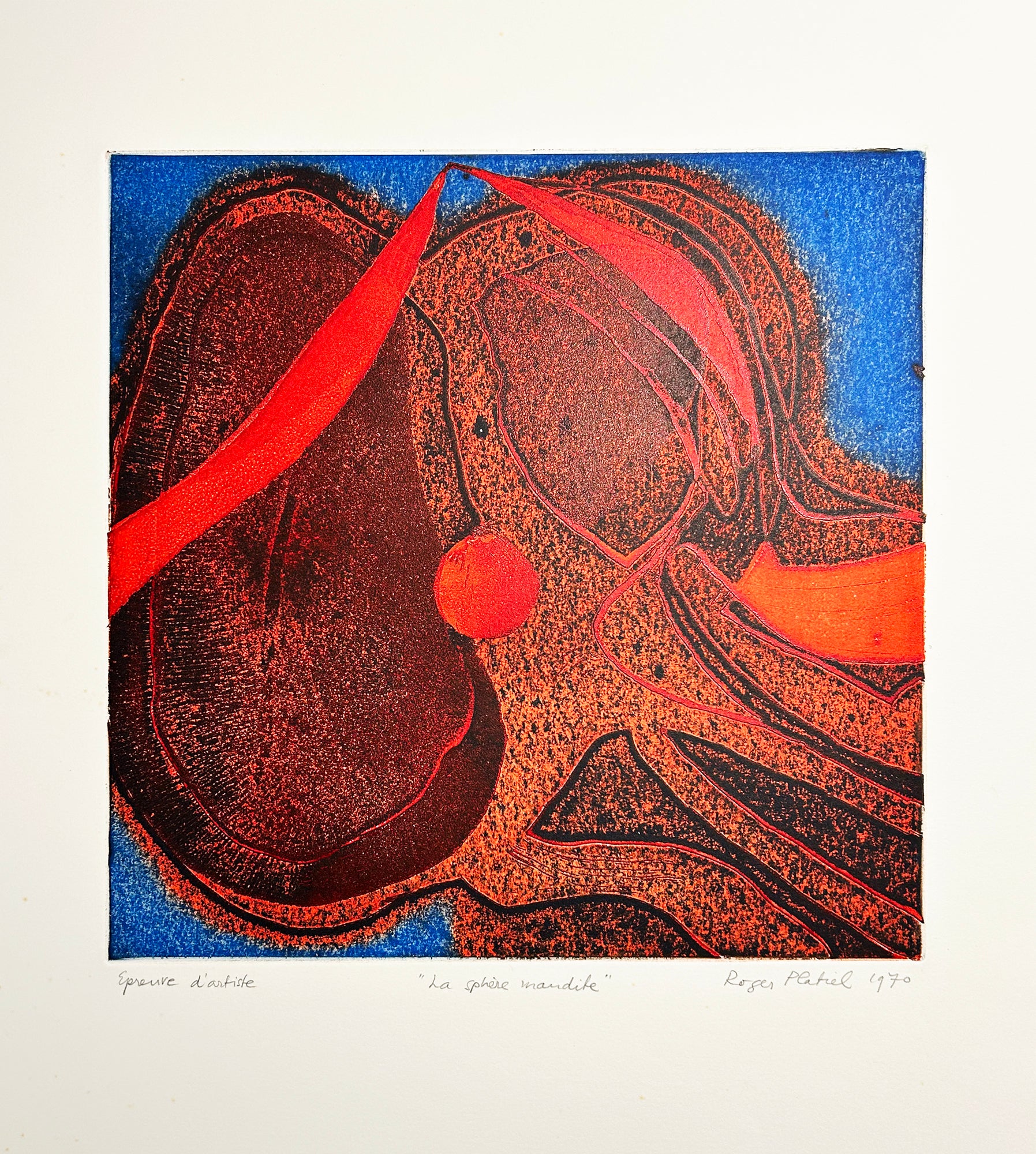 PLATIEL Roger - La sphère maudite. 1970. Gravure originale imprimée en couleurs, signée. 
