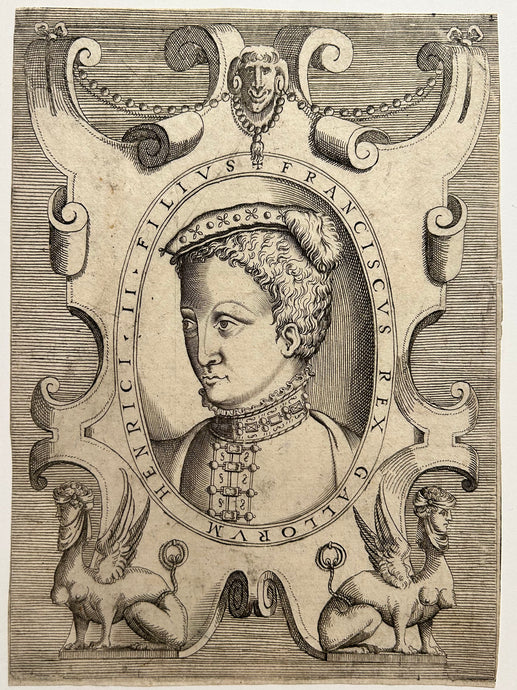 Portrait de François II, Roi de France (1544†1560), Fils aîné de Henri II et de Catherine de Médicis.  c.1568. Burin gravé par un anonyme. 