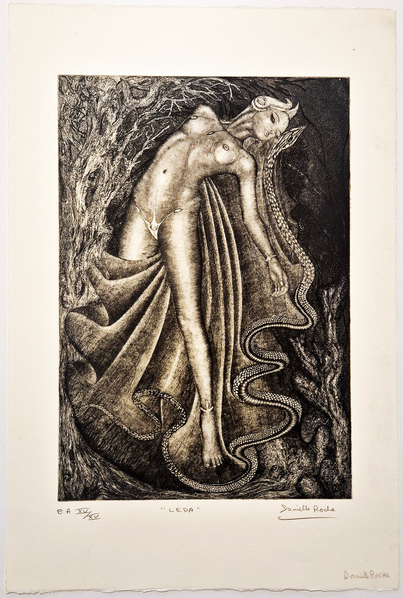 ROCHE Danielle - Léda. Gravure originale à l'eau-forte et aquatinte, signée. 