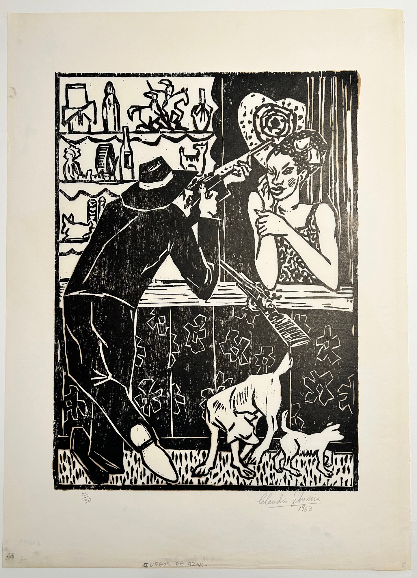 SILVA Claudio Silveira - Juegos de azar (Jeux de hasard). 1963. Bois gravé, signé.