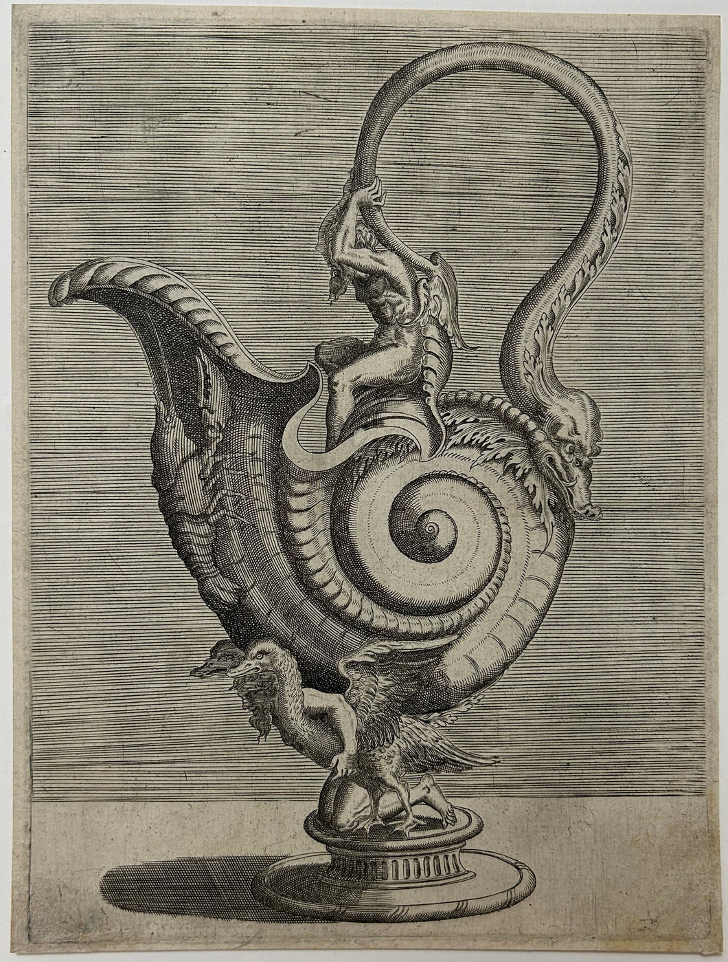 Aiguière en forme de coquille d'escargot portée par un satyre agenouillé entre deux oiseaux. c.1548.