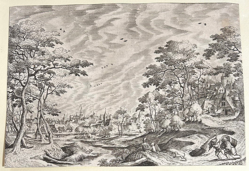 Paysage de rivière avec vue d'une ville. 1562.