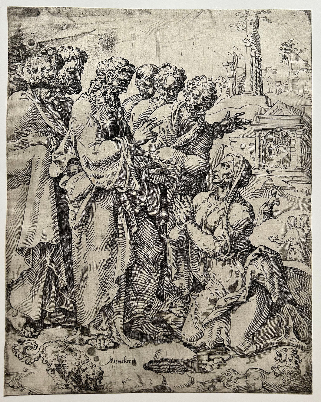 COORNHERT Dirk Volkertsz - Le Christ et la femme de Chanaan. 1548. Gravure à l'eau-forte et au burin d'après Maarten van Heemskerck (Heemskerk 1494 ou 1498 † Haarlem 1574). 