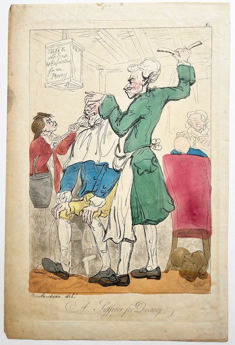 Thomas ROWLANDSON - A Sufferer for Decency.  1789. Gravure à l'eau-forte et à l'aquatinte, en coloris ancien.