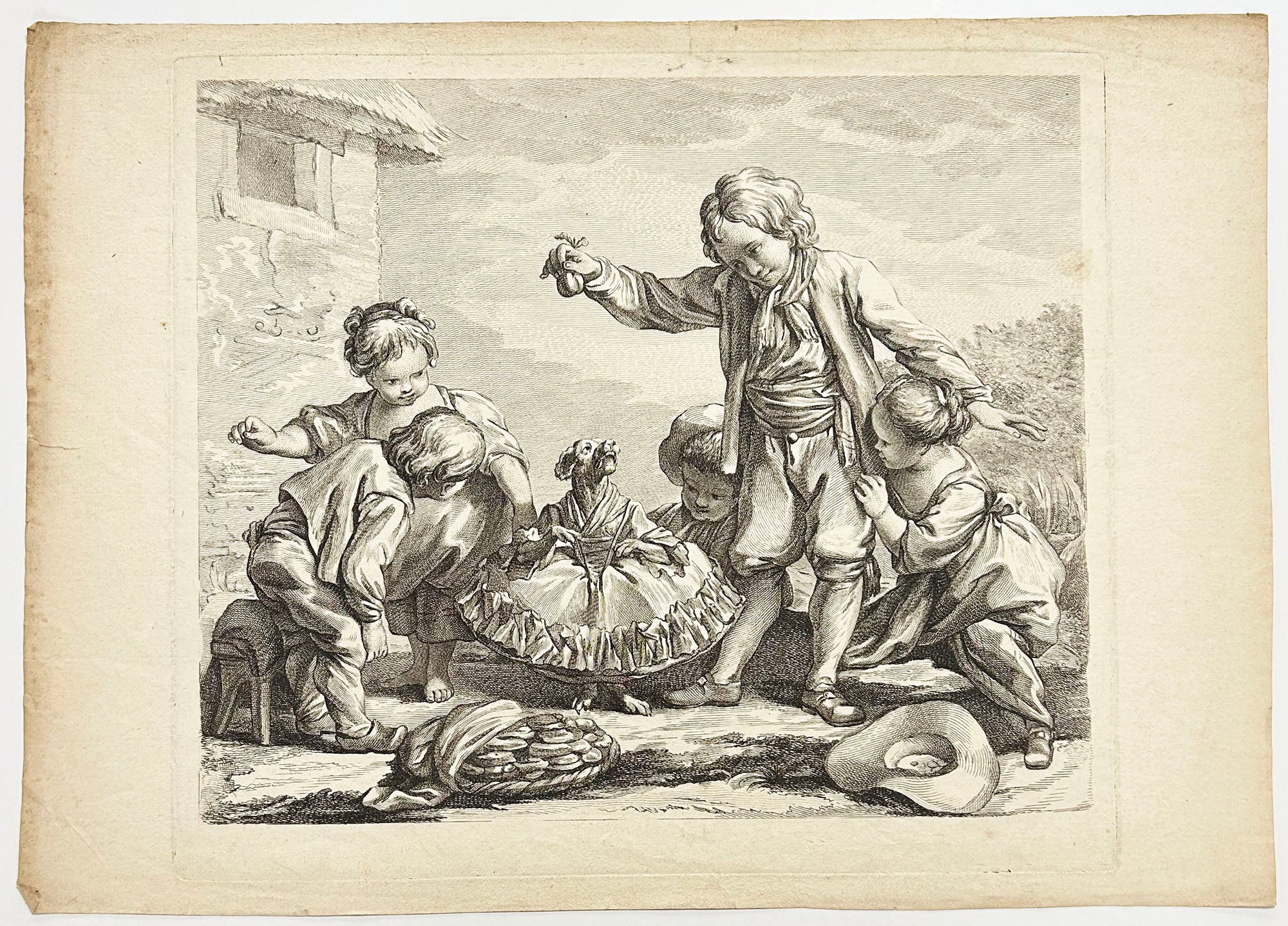 [Cinq enfants avec un chien dansant].