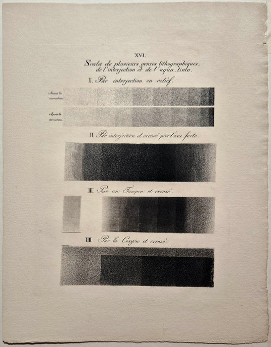 SENEFELDER - Echantillon de tonalité, planche XVI. Scala de plusieurs genres lithographiques, de l'interjection et de l'aqua-tinta. Lithographie.