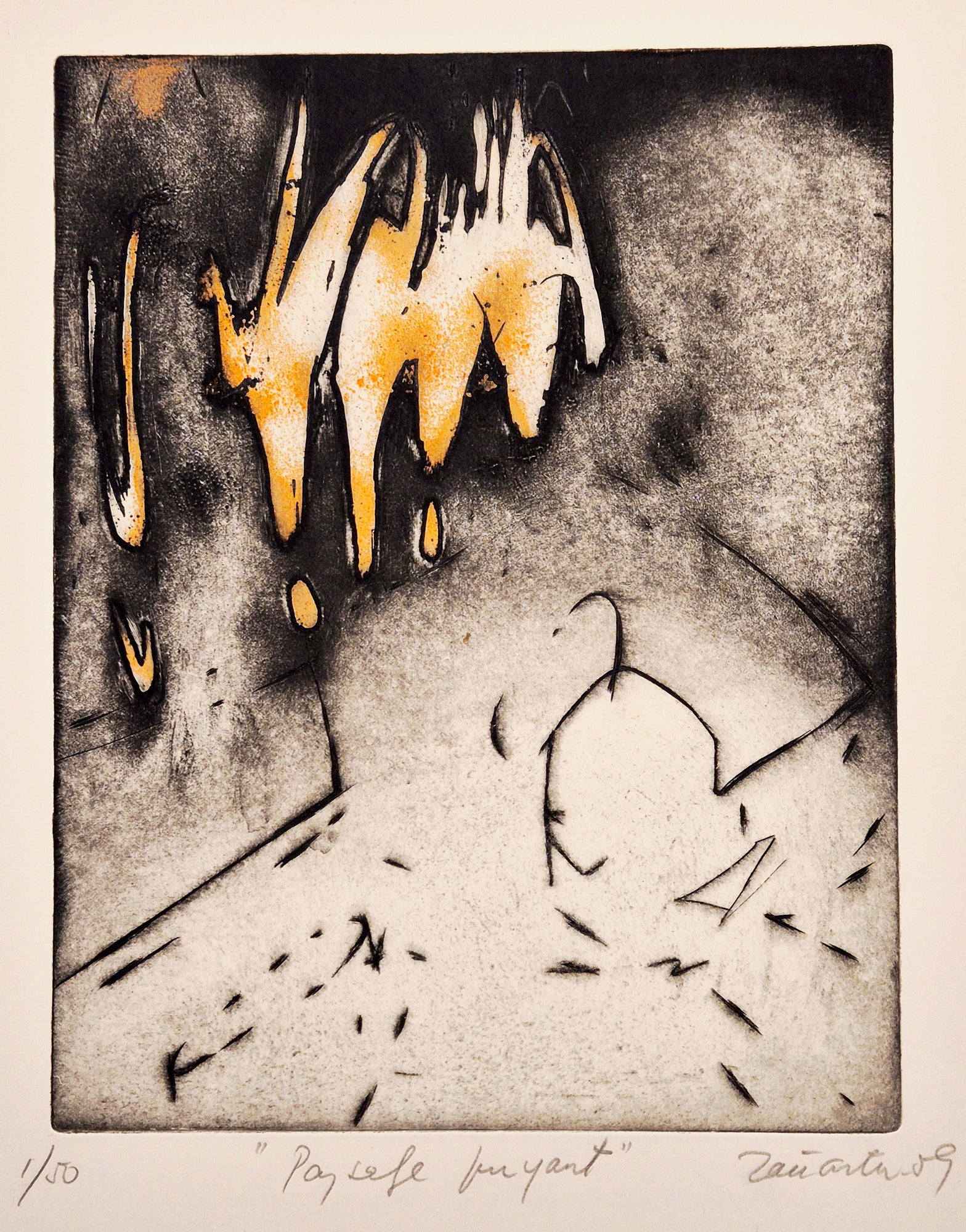 Enrique ZANARTU - Paysage fuyant. 1959.  Gravure originale à l'eau-forte et à l'aquatinte, imprimée en couleurs, signée.