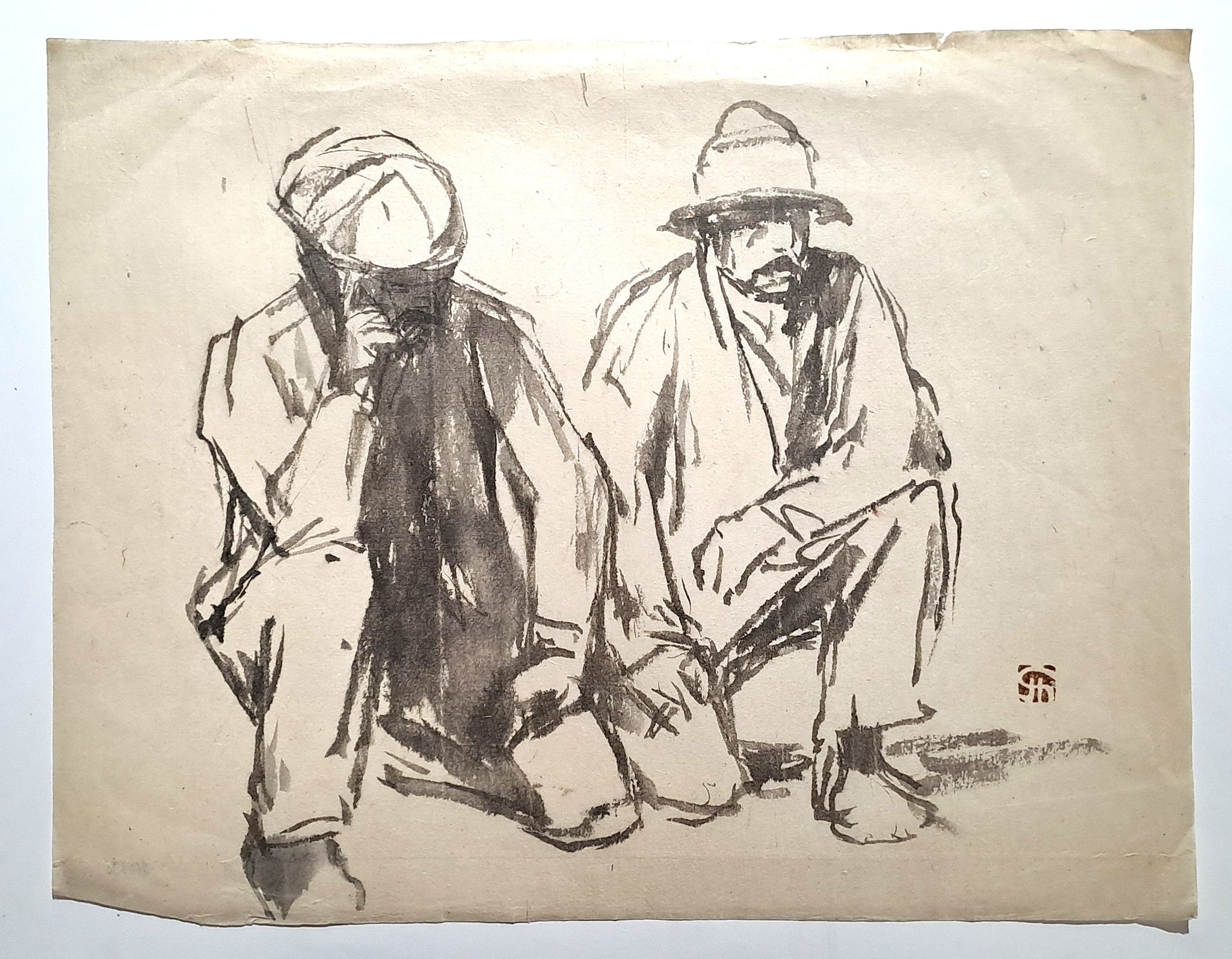 Jules CHADEL [Deux hommes accroupis]. Dessin original. 