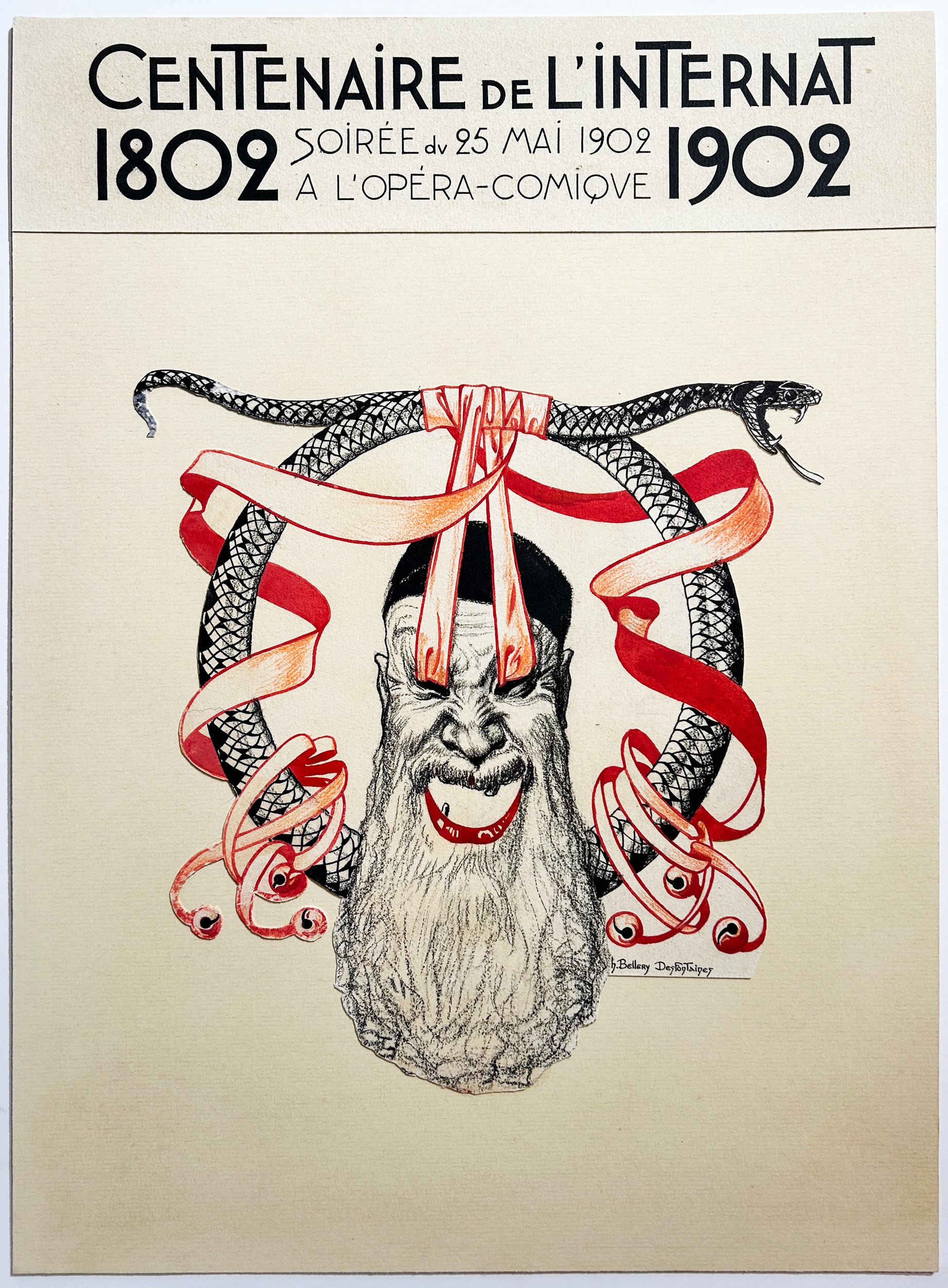 Henri BELLERY-DESFONTAINES Projet d'illustration pour le programme de la soirée du Centenaire de l'Internat le 25 mai 1902 à l'Opéra-Comique. 1902. Dessin préparatoire original aux crayons et à l'encre. 