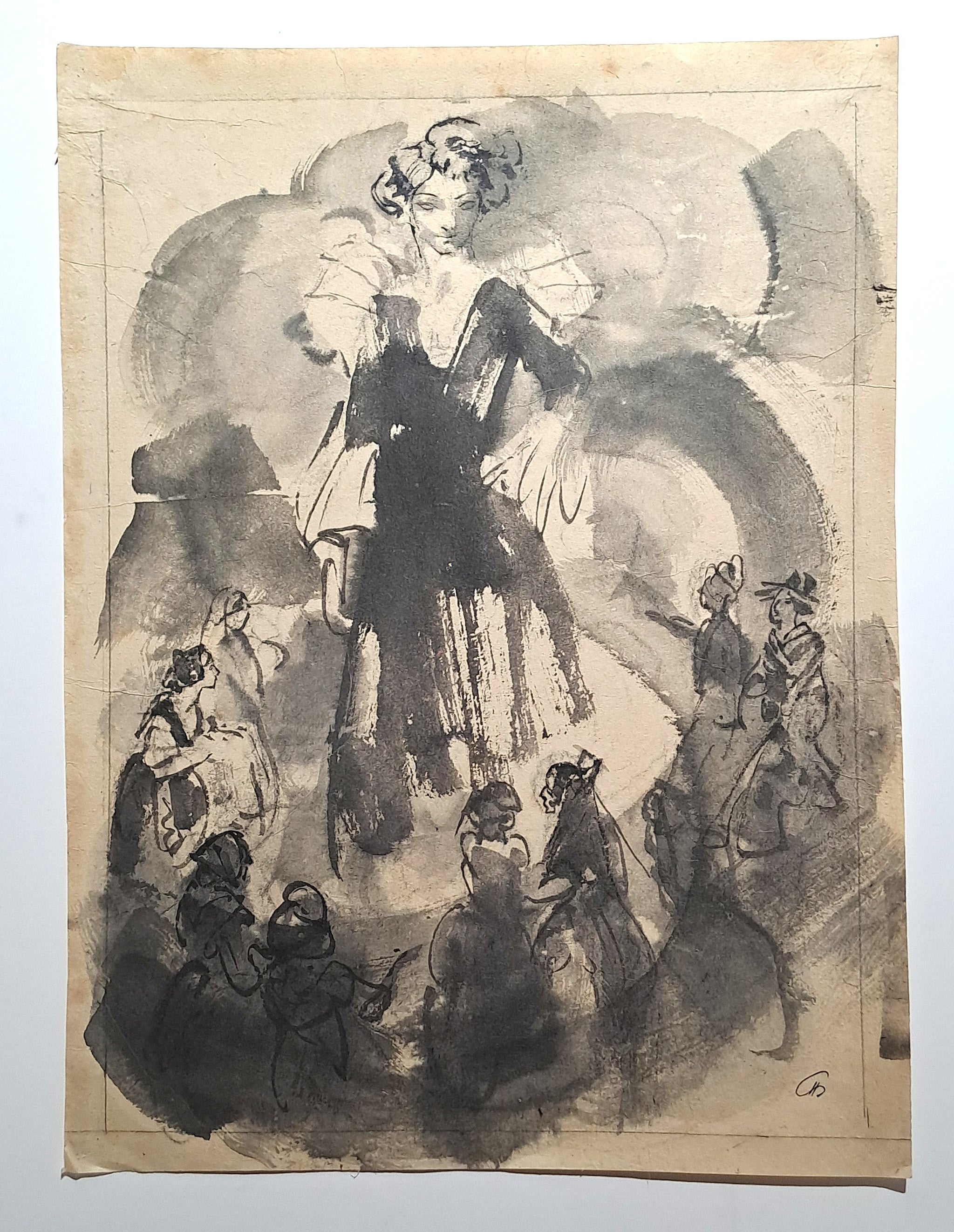 Jules CHADEL [Actrice sur scène et public de dames]. Dessin original. 