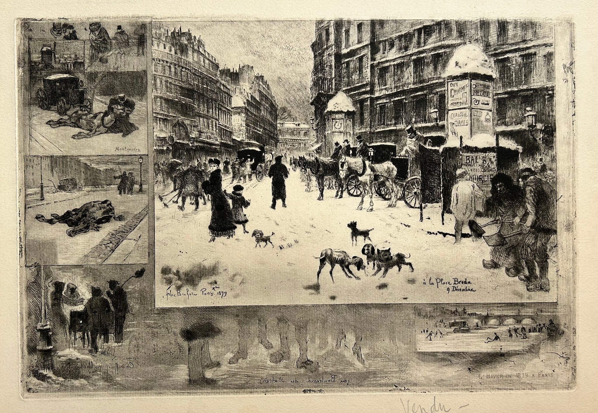 Félix BUHOT - L'Hiver à Paris ou La Neige à Paris. 1879. Gravure originale à l'eau-forte, roulette et aquatinte.