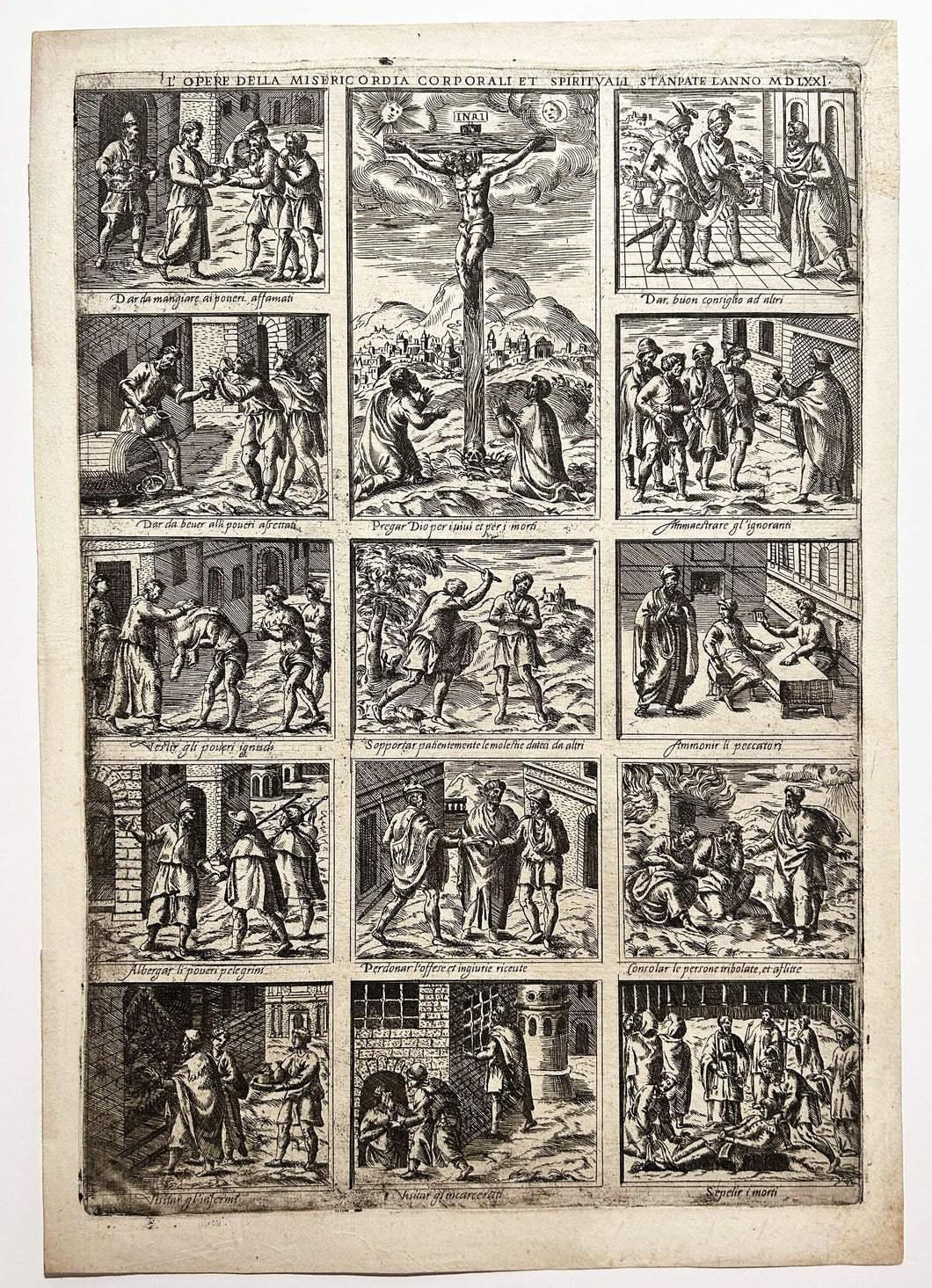 L'Opere della Misericordia corporali et spirituali stanpate l'anno MDLXXI.  1571. Imagerie italienne du 16ème. Gravure.