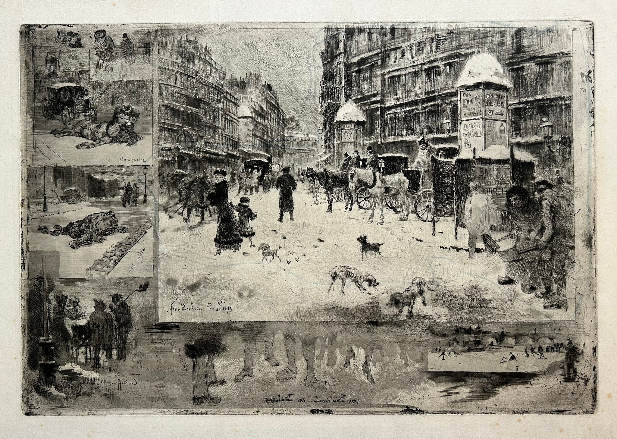 Félix BUHOT - L'Hiver à Paris ou La Neige à Paris.  1879. Gravure originale à l'eau-forte, roulette et aquatinte. 