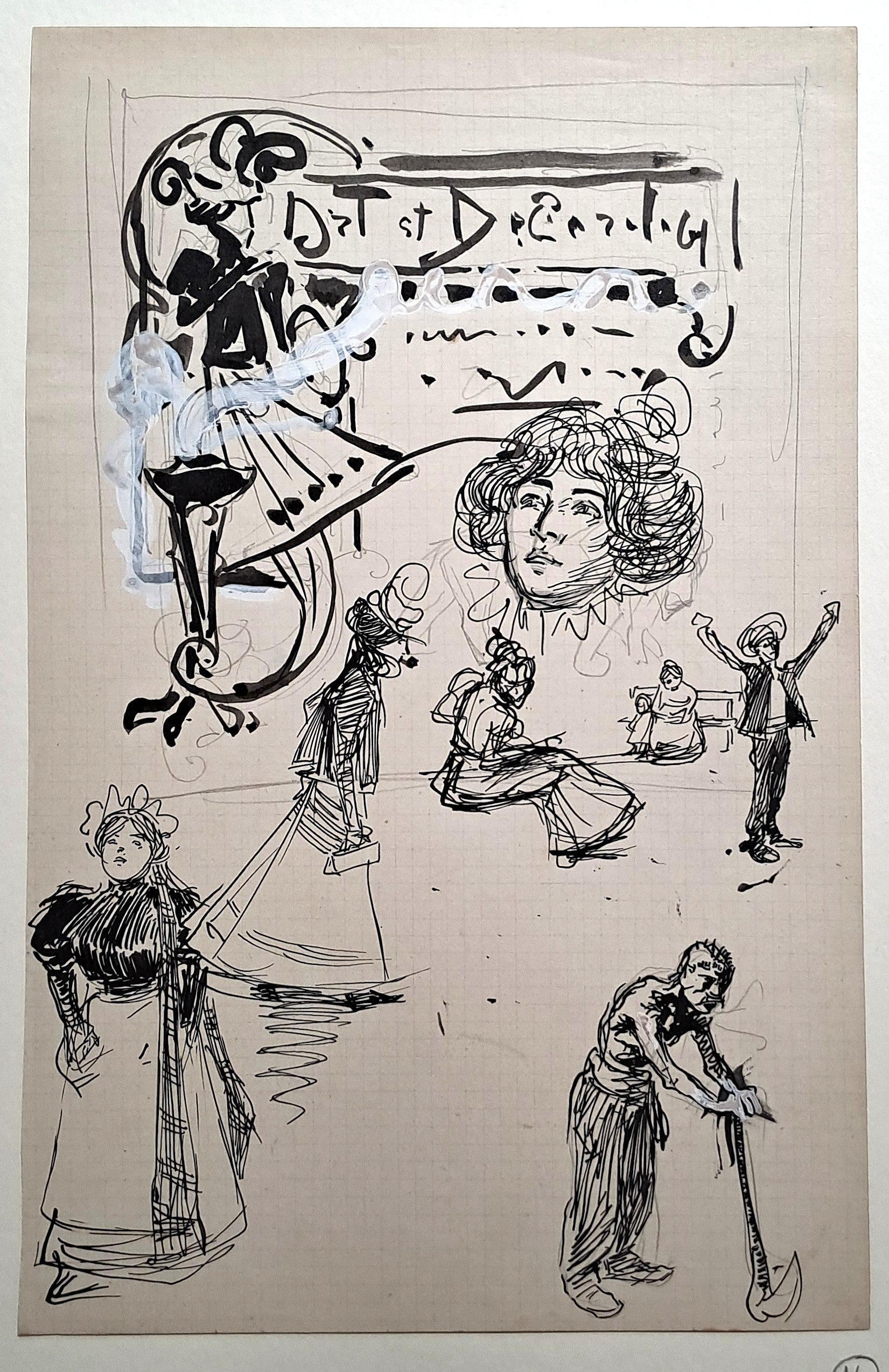 Jules CHADEL [Etudes de femmes, paysans et décor pour enseigne]. Dessin original. 