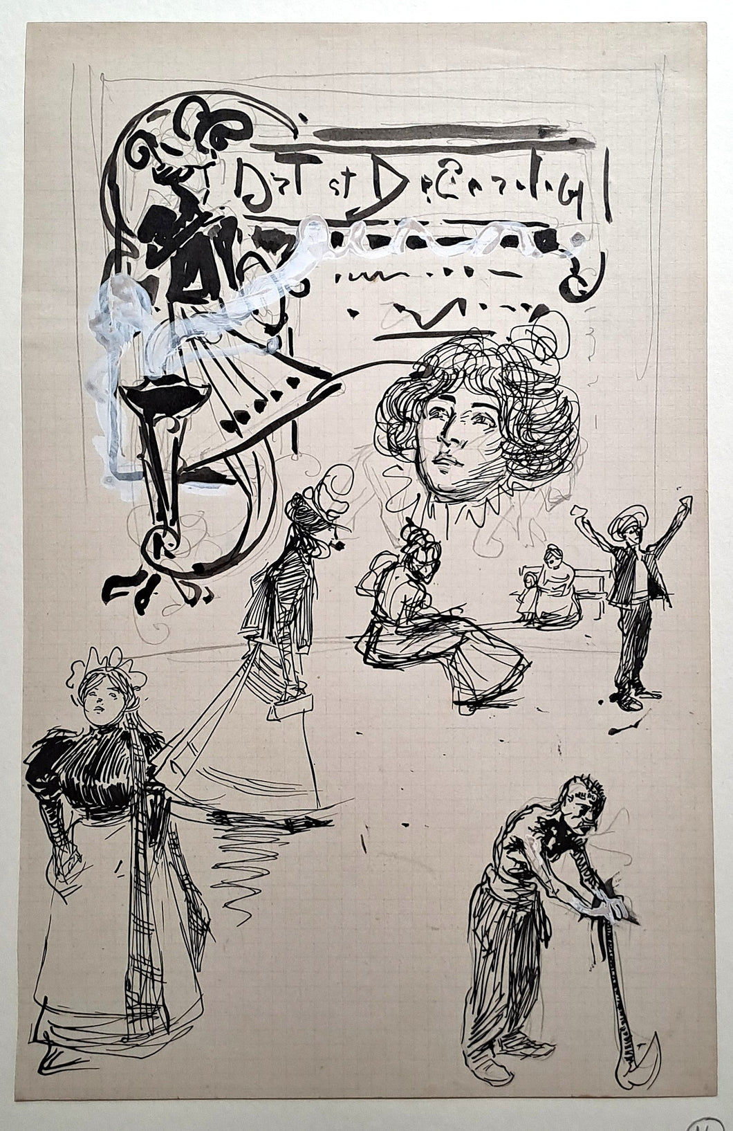 Jules CHADEL [Etudes de femmes, paysans et décor pour enseigne]. Dessin original. 
