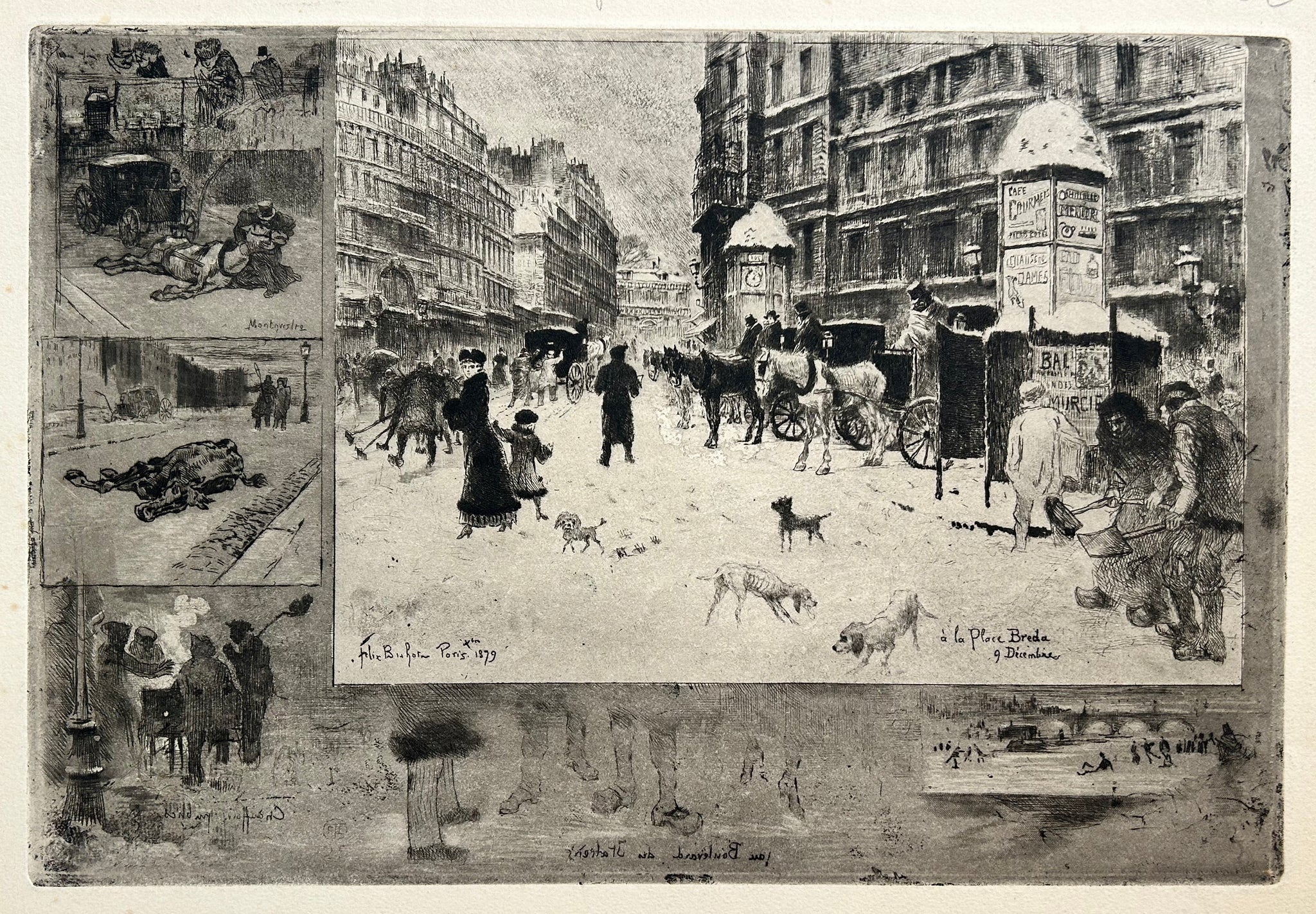 Félix BUHOT - L'Hiver à Paris ou La Neige à Paris.  1879.  Gravure originale à l'eau-forte, roulette et aquatinte. 
