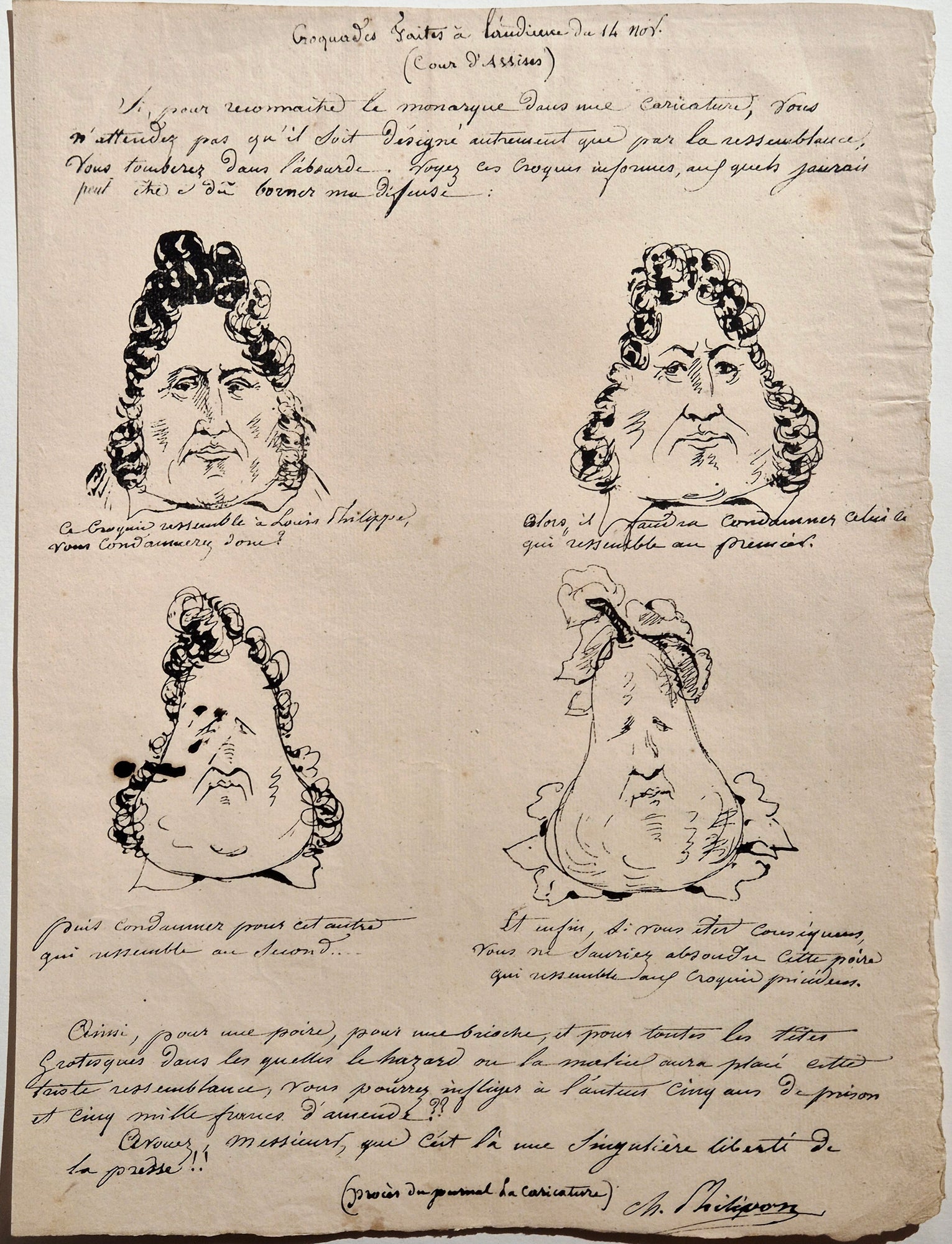 Charles PHILIPON - Croquades faites à l'audience du 14 novembre. (Cour d'Assises). 1831. Lithographie.