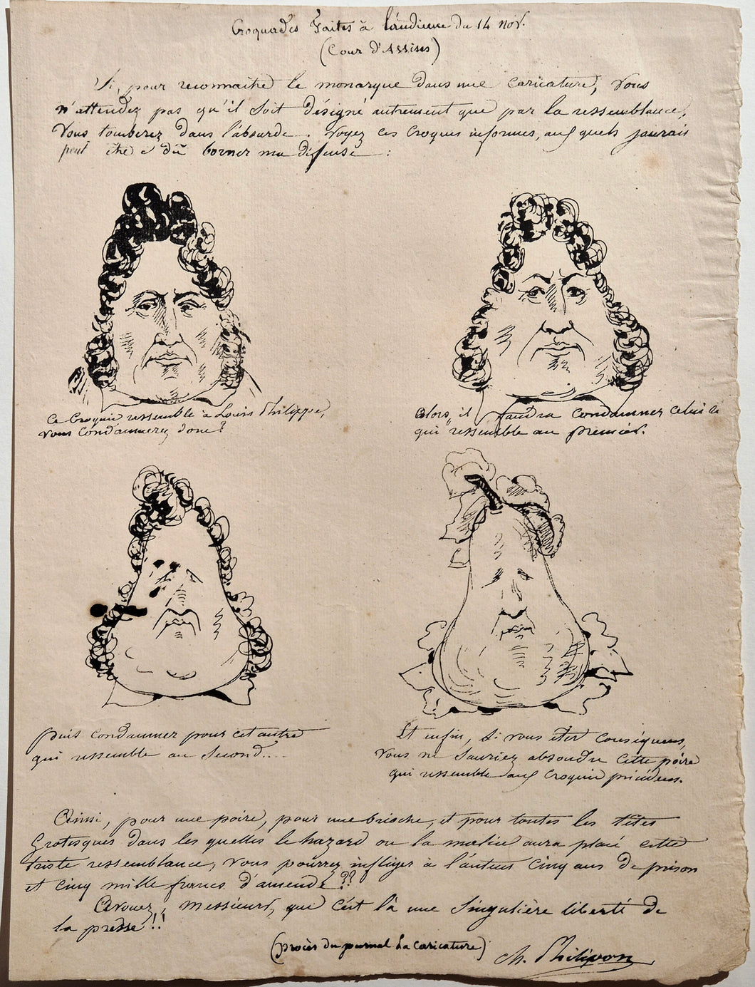 Charles PHILIPON - Croquades faites à l'audience du 14 novembre. (Cour d'Assises). 1831. Lithographie.