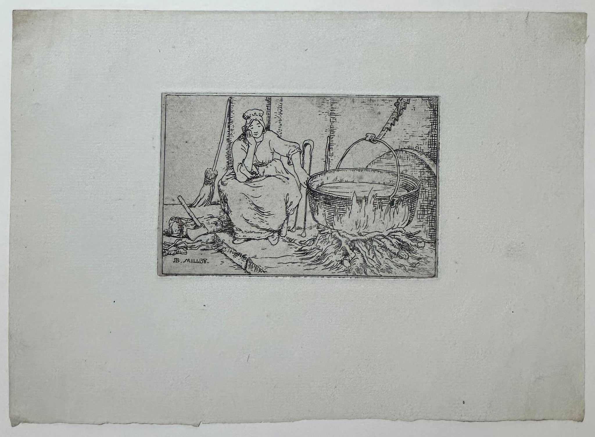 [Bergère assise près d'un grand bac d'eau chaude].