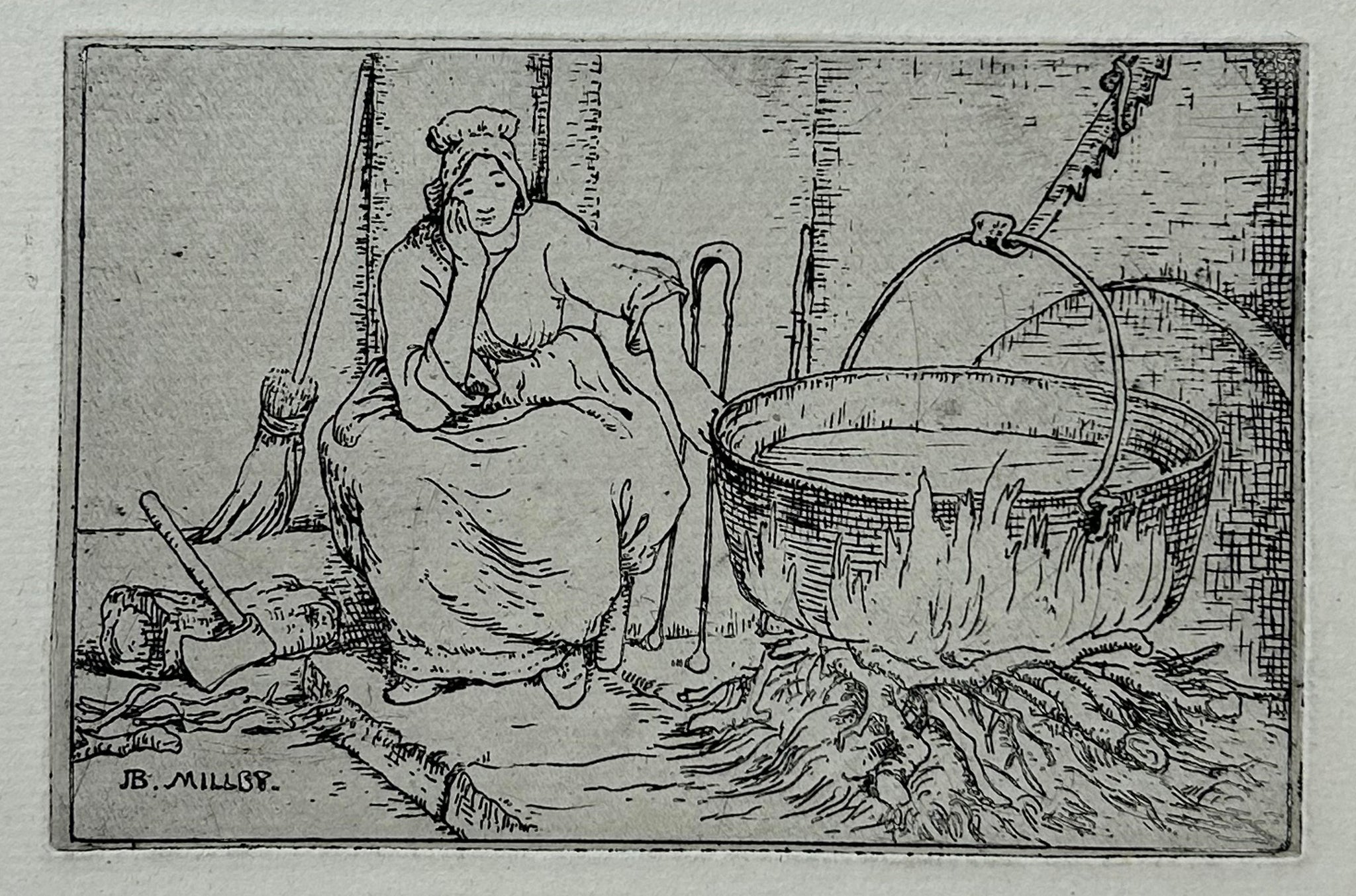 [Bergère assise près d'un grand bac d'eau chaude].