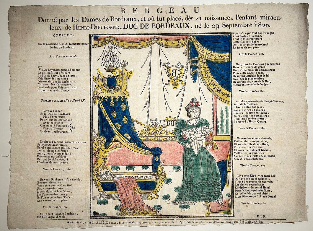 Berceau donné par les Dames de Bordeaux, et où fut placé, dès sa naissance, l'enfant piraculeux de Henri-Dieudonné, Duc de Bordeaux, né le 29 septembre 1820.