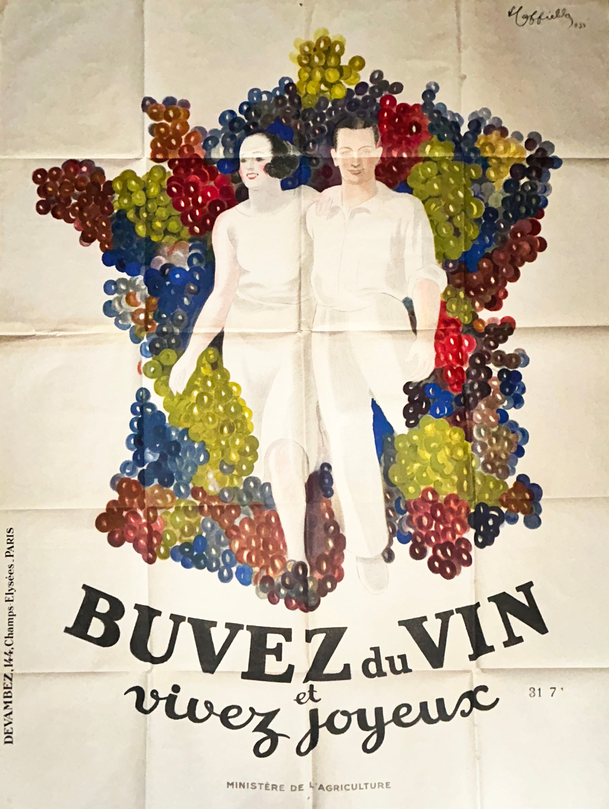 Léonetto CAPPIELLO - Buvez du vin et vivez joyeux. 1933. Affiche lithographique originale en couleurs pour le Ministère de l'Agriculture.