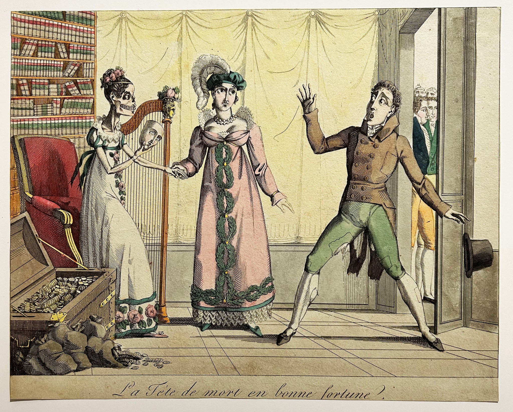 La Tête de mort en bonne fortune. Avis aux amateurs pour 1817. 1816-1818. Gravure satirique en couleurs.
