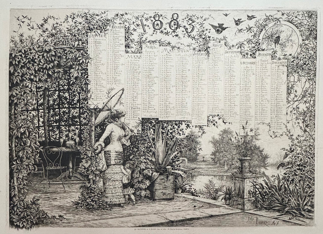 Calendrier pour 1883 (Femme et enfant se promenant dans un jardin).