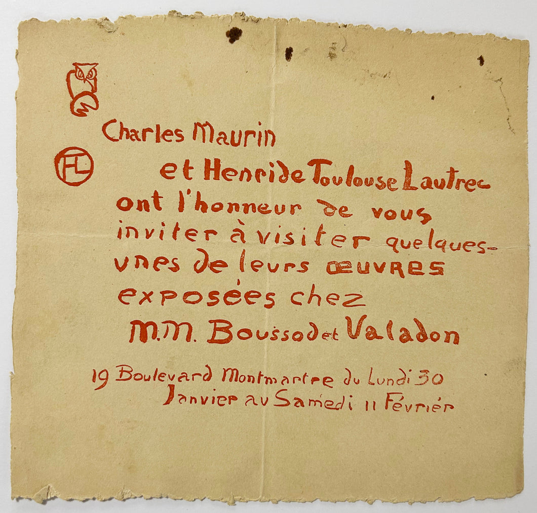 Carton d'invitation pour l'Exposition de Charles Maurin et Henri de Toulouse-Lautrec chez MM. Boussod et Valadon, au 19 boulevard Montmartre du Lundi 30 janvier au Samedi 11 février 1893.