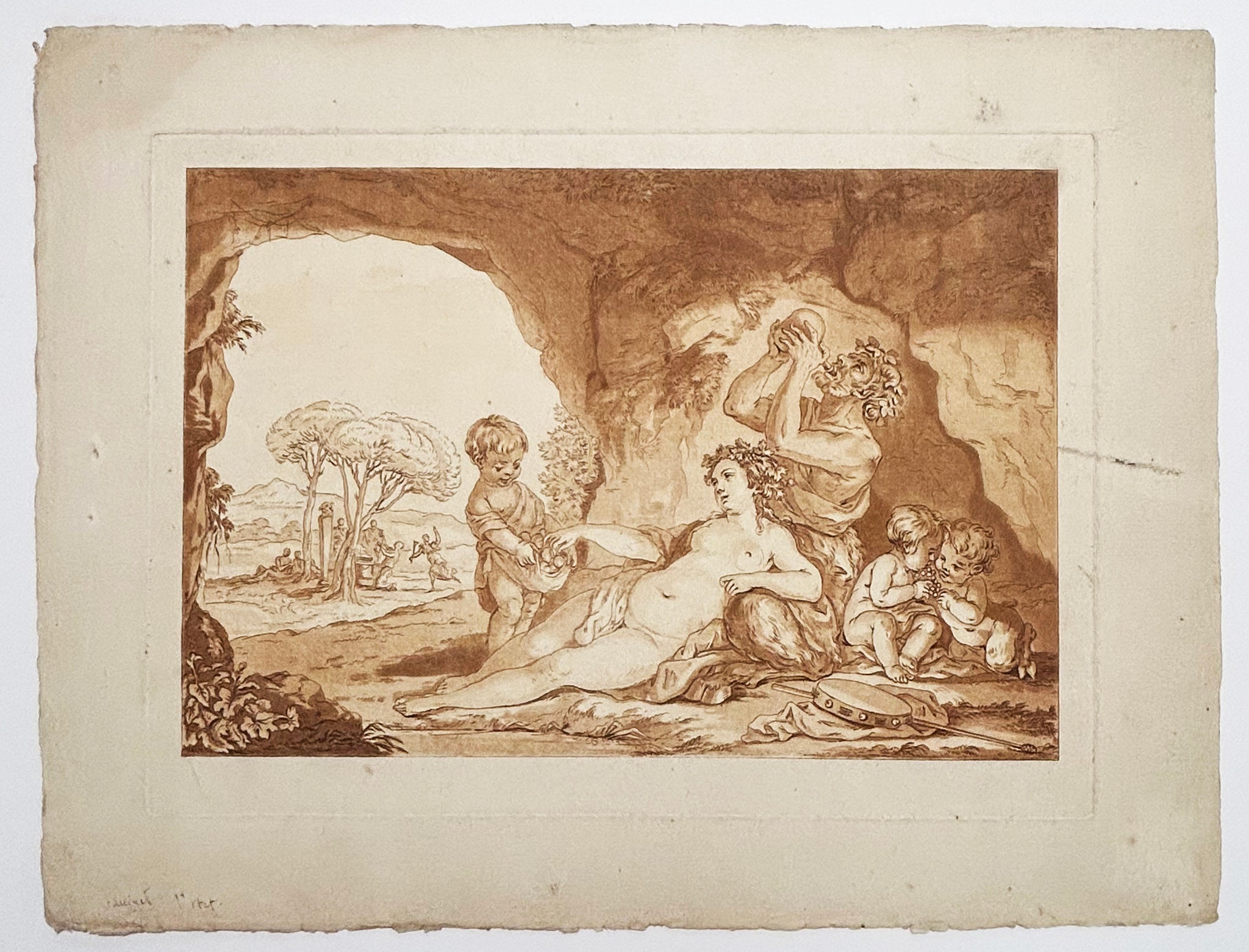 [Satyre buvant et nymphe dans une grotte].