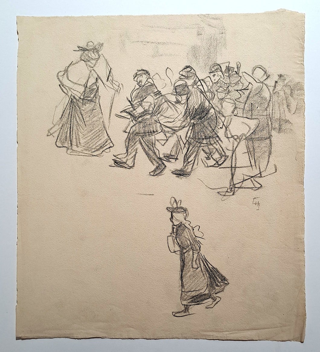 Jules CHADEL [Etudes de foule et d'une jeune fille marchant]. Dessin original. 