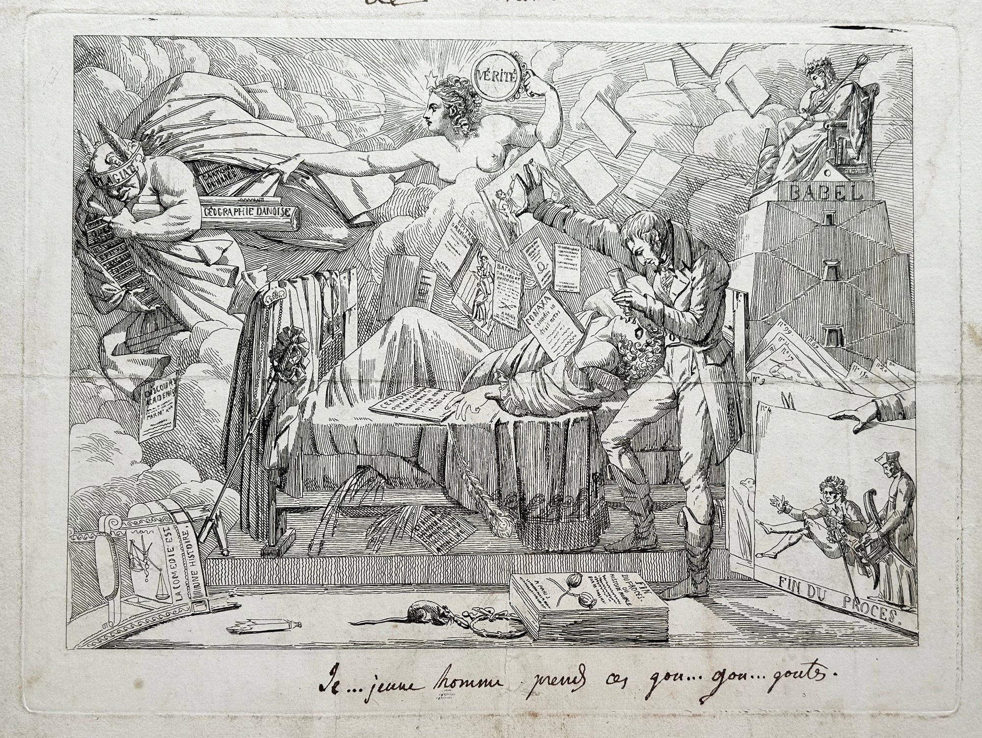 Le cauchemar. Jeu jeu jeune homme, prends ces gou gou gouttes.  c.1812. Caricature du 19ème. Eau-forte. 