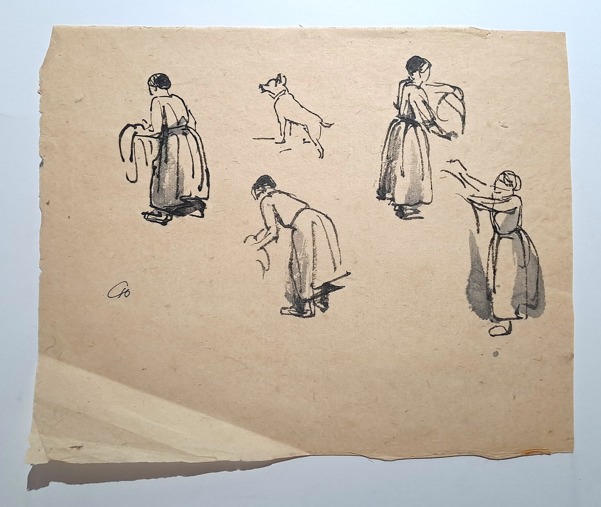 Jules CHADEL [Etudes de blanchisseuses avec un chien]. Dessin original. 