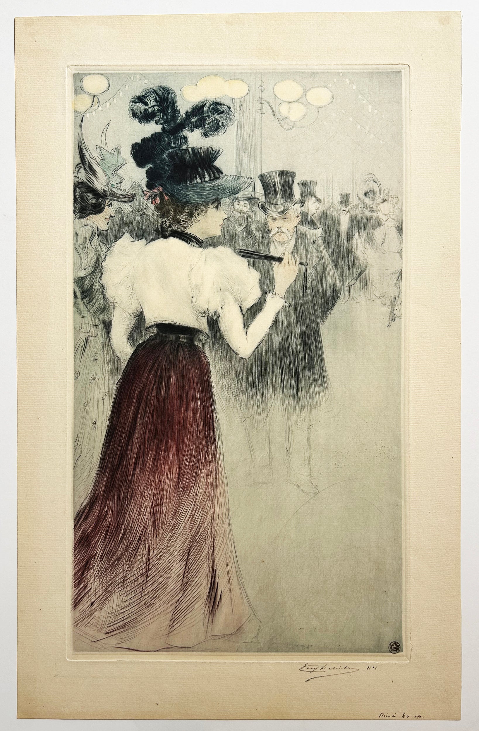 Eugène DELÂTRE - [Elégante au café-concert]. c.1900. Gravure originale à l'eau-forte et à la pointe sèche, imprimée en couleurs, signée. 