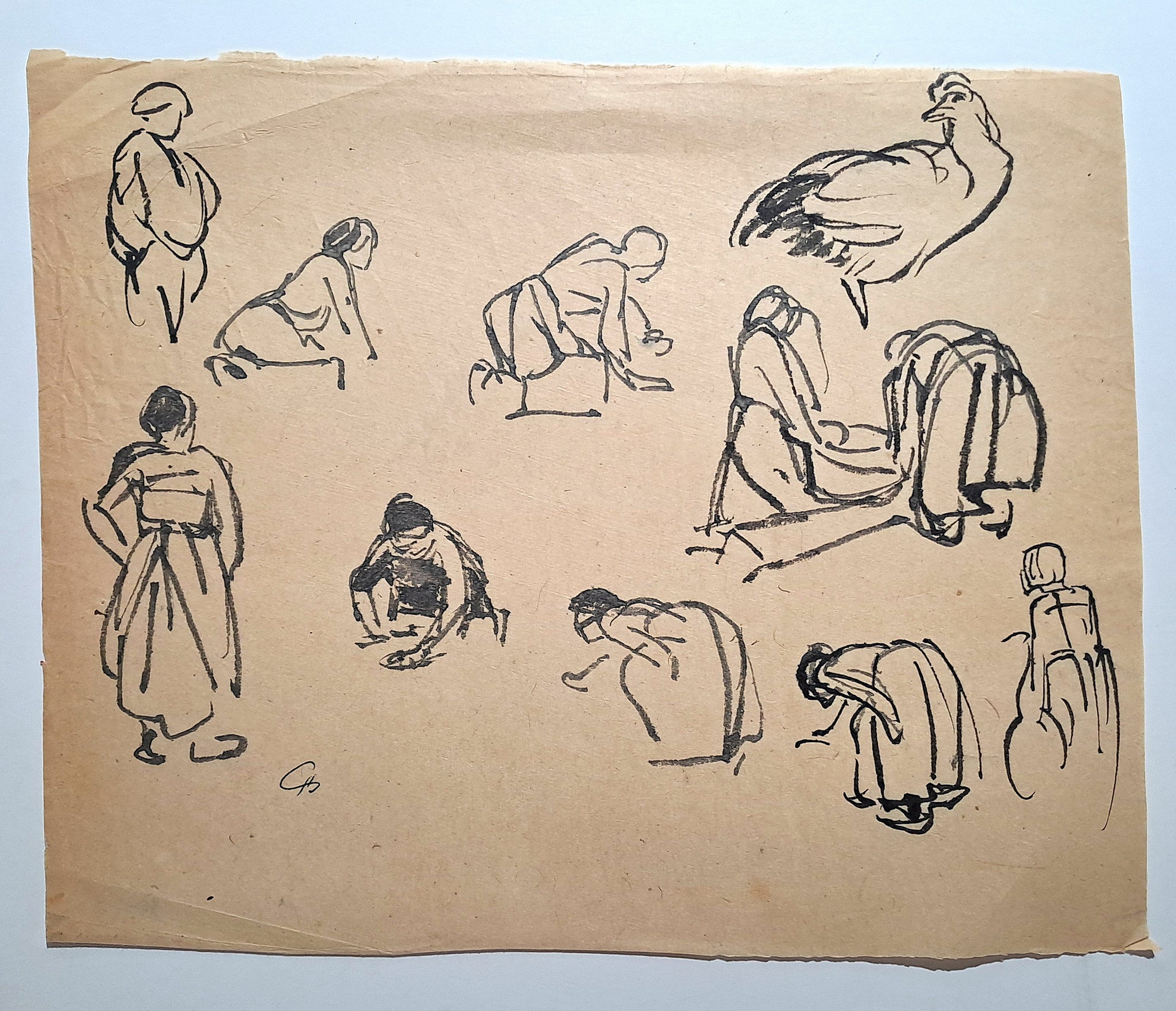 Jules CHADEL [Etudes de blanchisseuses avec un poule]. Dessin original. 