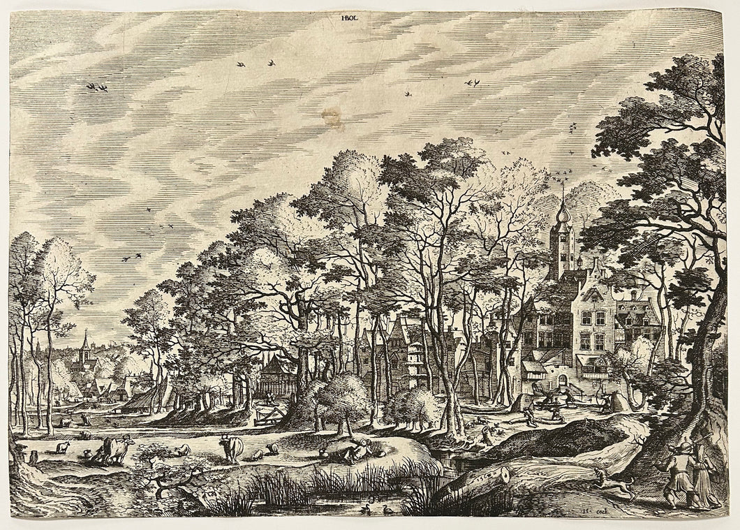 Paysage, village avec un château à droite et un couple accompagné d'un chien.  1562.
