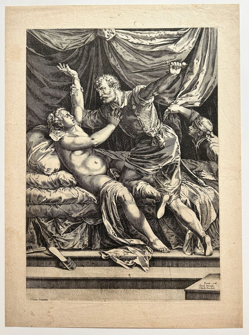 D'après Cornelis CORT - Tarquin et Lucrèce. 1586. Copie gravée à l'eau-forte et au burin par un anonyme de la fin du XVIème, d'après le tableau peint en 1571 par Le Titien (Pieve di Cadore c.1488 † Venise 1576). 