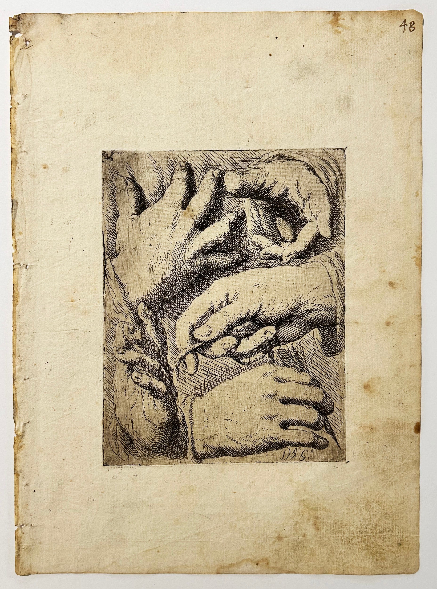Mains. La cinquième porte une plume (Manos. Cinco (2,1,2), la quinta lleva una pluma).  1693.