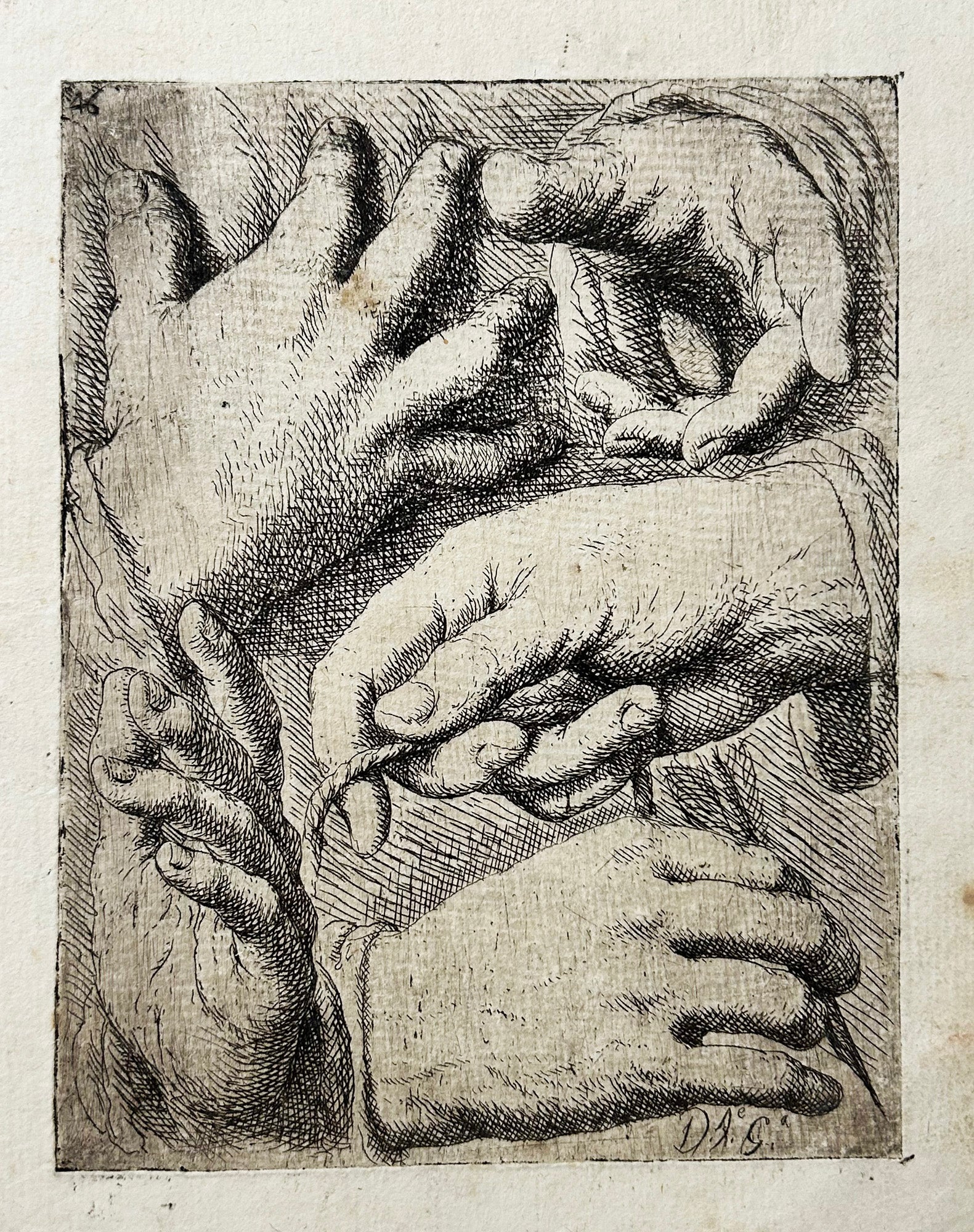 GARCIA HIDALGO - Mains. La cinquième porte une plume (Manos. Cinco (2,1,2), la quinta lleva una pluma).  1693. Eau-forte originale.