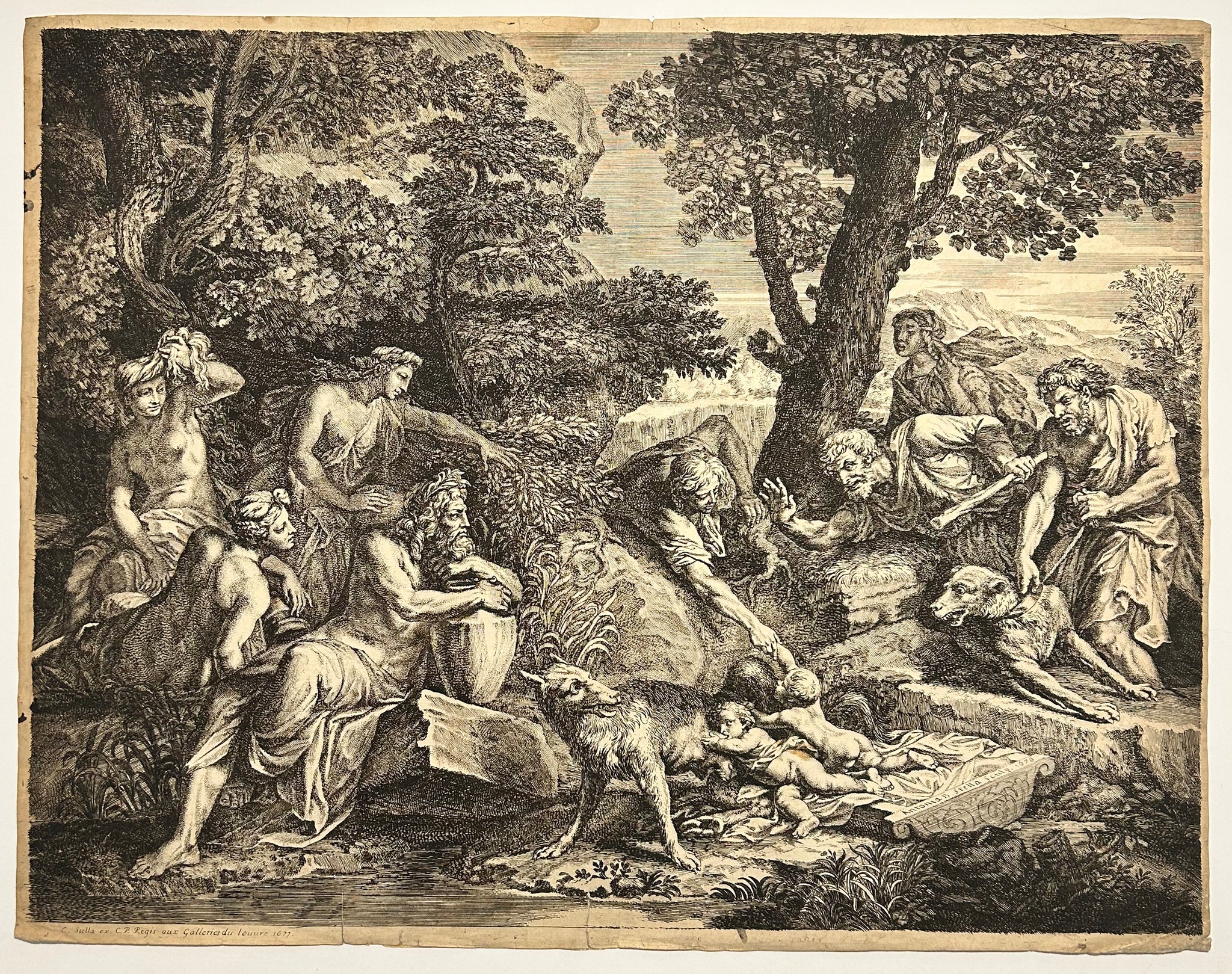 Antoinette BOUZONNET-STELLA - Romulus et Rémus allaités par la louve, trouvés par les bergers.  1677. Eau-forte d'après le tableau peint par son frère, Antoine Bouzonnet 