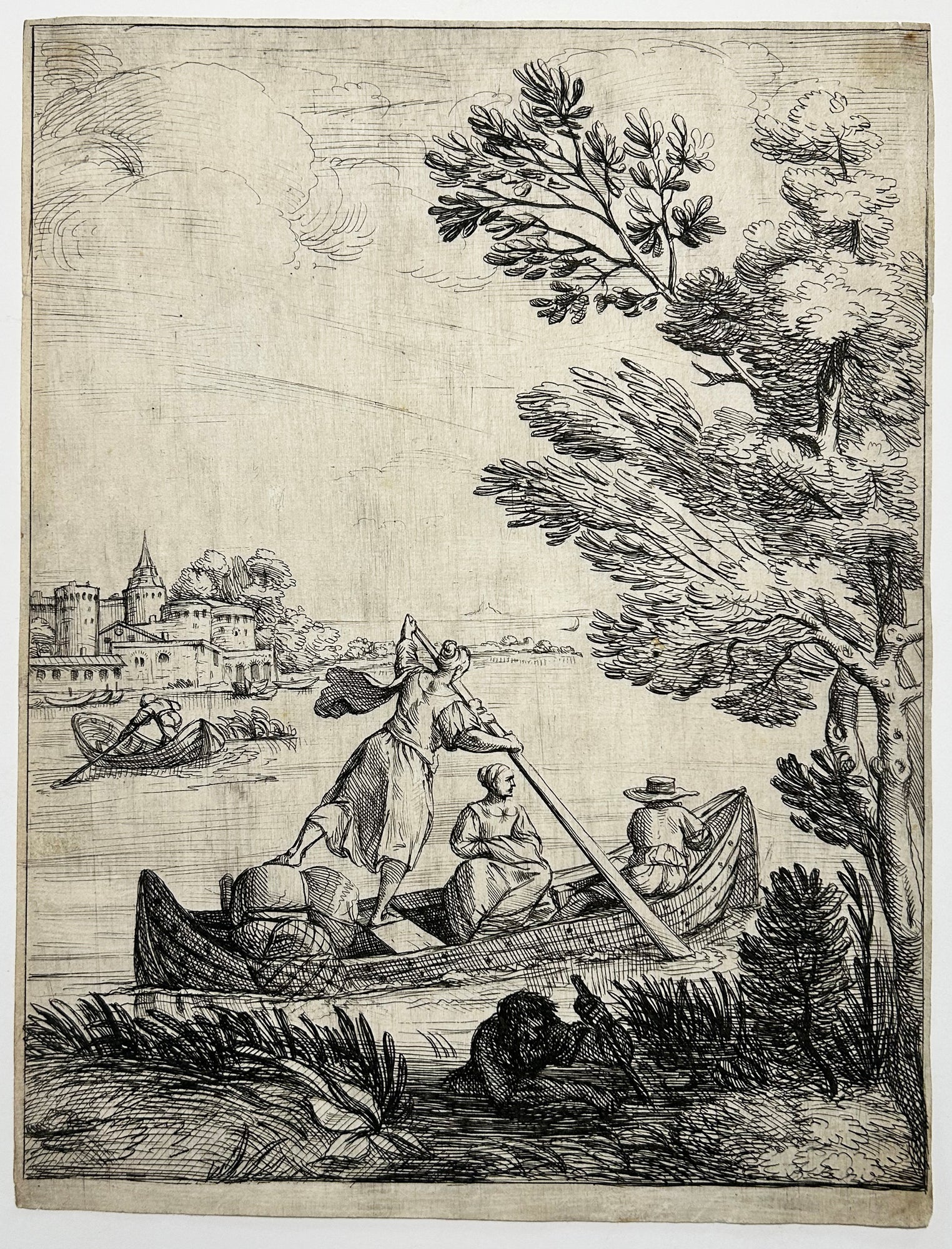 Michel CORNEILLE - Paysage fluvial. Un homme et deux femmes dans un bateau. Eau-forte d'après Annibale Carracci.