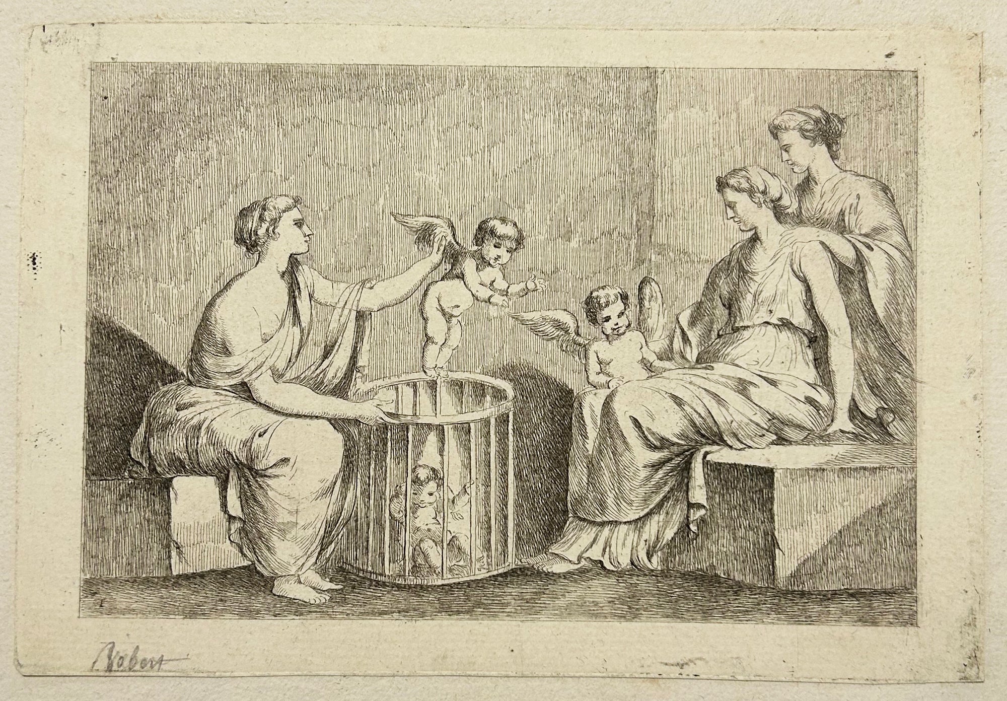 Anonyme français du 18ème siècle. La marchande d'Amours d'Herculaneum. Eau-forte d'après Charles Monnet 