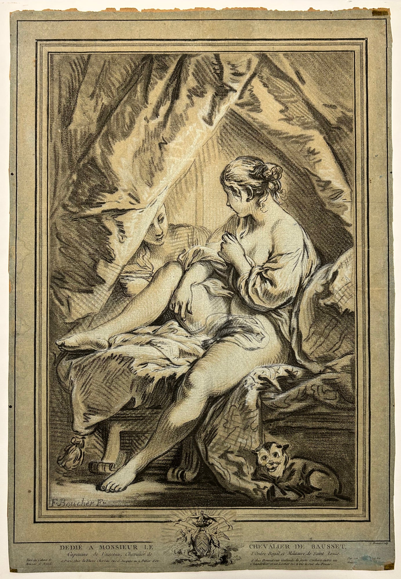 D'après François BOUCHER - Jeune femme assise sur un lit. 1767. Gravure à la manière du crayon par Louis Marin Bonnet (Paris 1736 † Saint Mandé 1793), imprimée en noir, brun et blanc au repérage. 