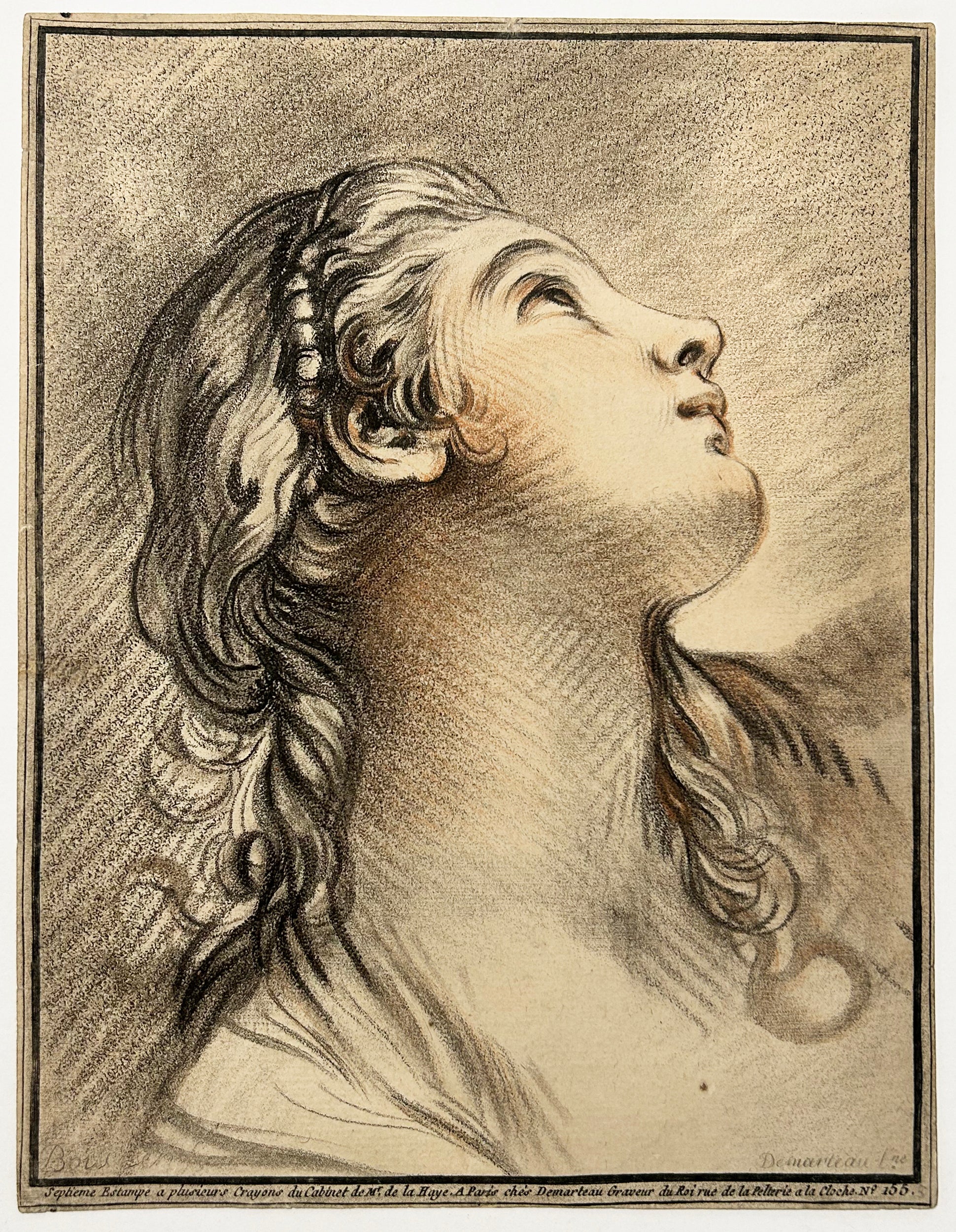 D'après François BOUCHER - Tête de femme, les yeux au ciel, de profil à droite. Gravure à la manière du crayon par Gilles Demarteau l'aîné (Liège 1722 † Paris 1776), imprimée en couleurs au repérage. 