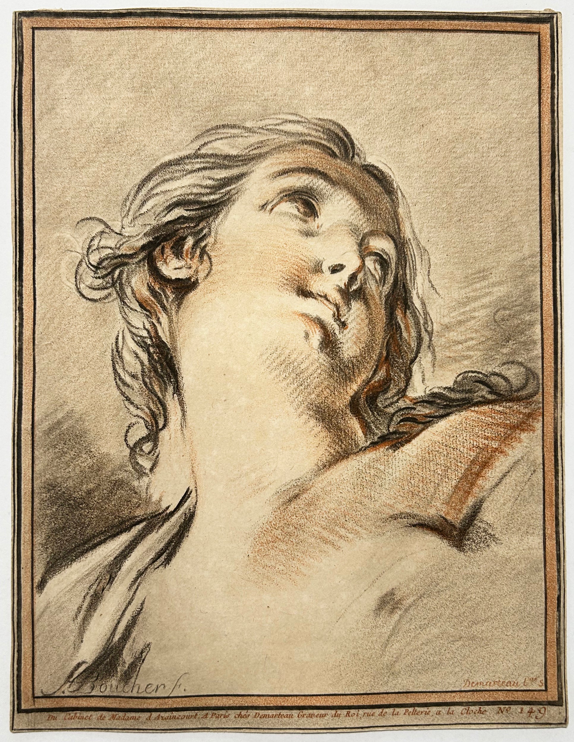 D'après François BOUCHER - Tête d'étude. Tête de femme renversée en arrière à droite, les yeux au ciel. Gravure à la manière du crayon par Gilles Demarteau l'aîné (Liège 1722 † Paris 1776), imprimée en couleurs au repérage
