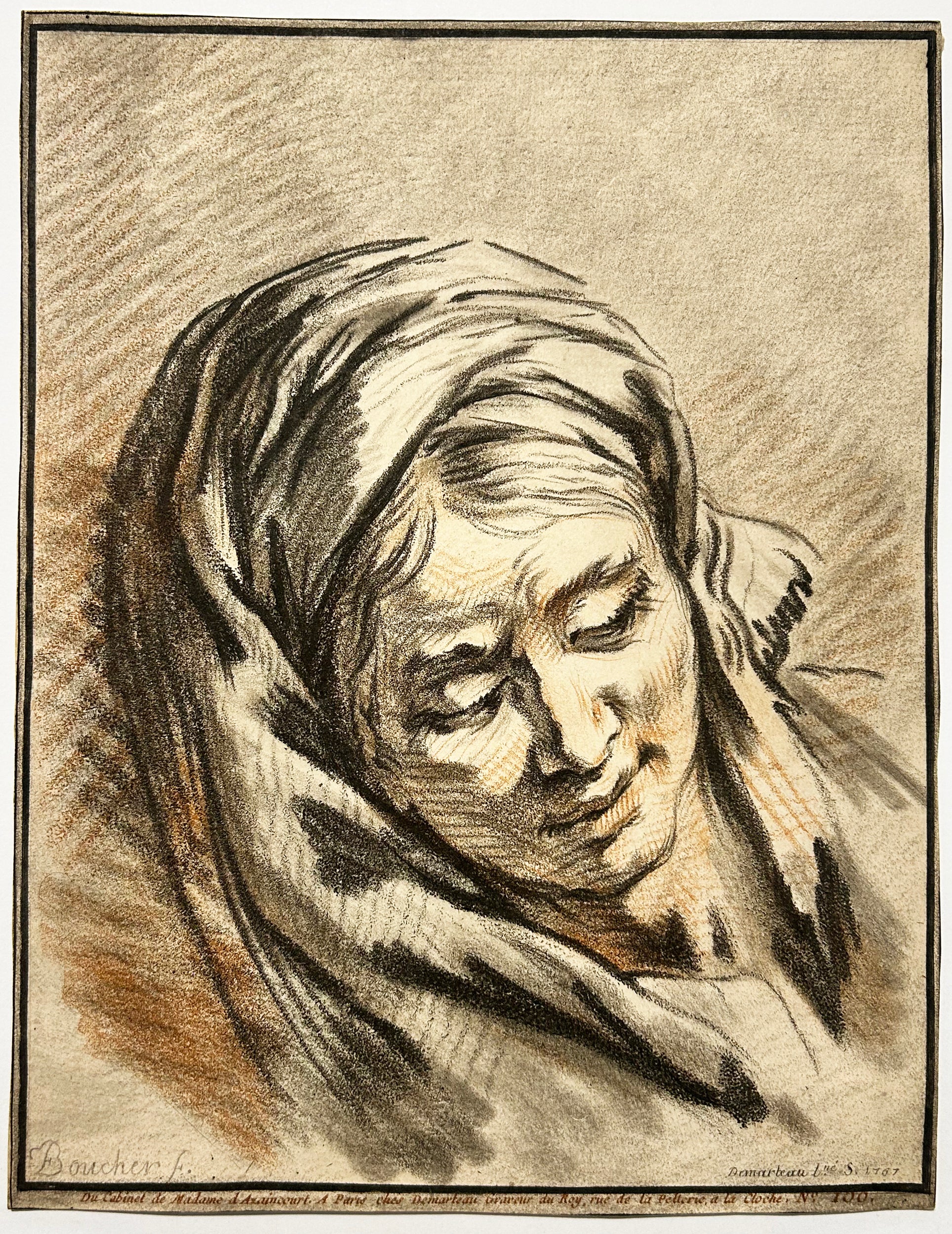 D'après François BOUCHER - Tête de vieille femme, de trois quart à droite, inclinée.  1767. Gravure à la manière du crayon par Gilles Demarteau l'aîné 