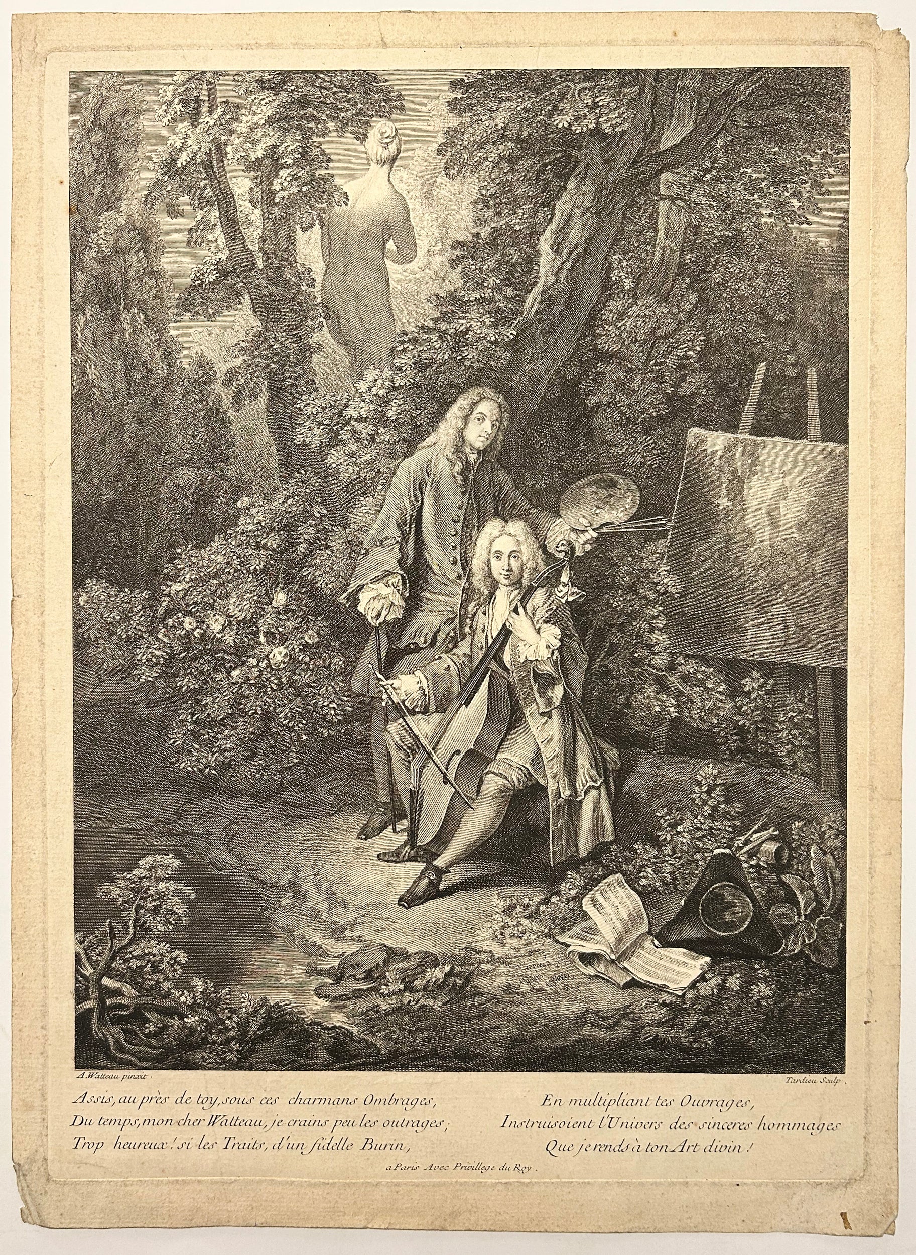D'après Antoine WATTEAU - Portrait de Watteau et son ami Jullienne dans un parc. Gravure à l'eau-forte et au burin par Nicolas-Henri Tardieu.