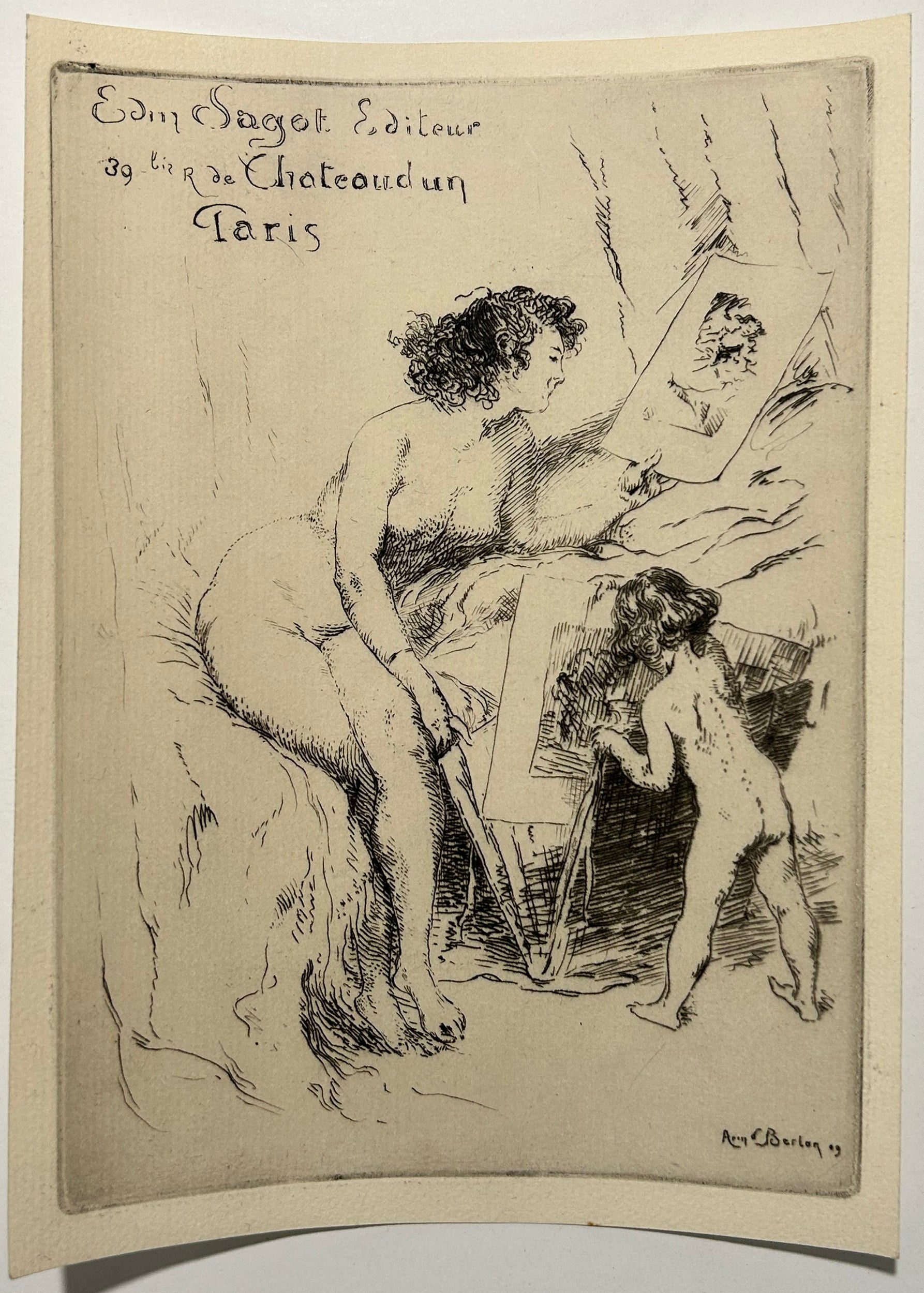 Armand BERTON - Carte adresse pour Edmond Sagot, 39 bis rue de Châteaudun, Paris.  1909. Eau-forte originale.