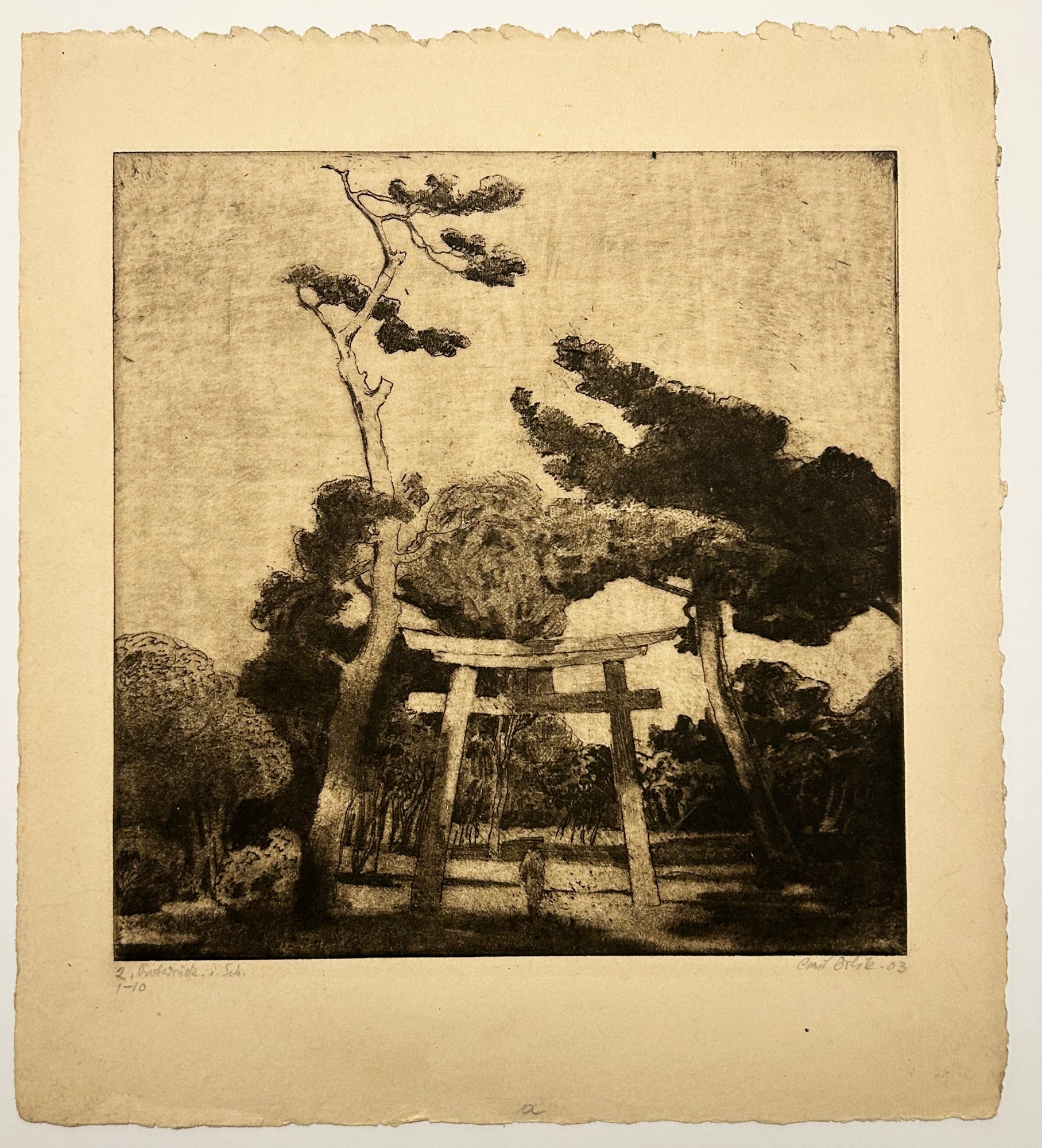 Emil ORLIK - Devant un temple japonais.  1903. Gravure originale, signée. 
