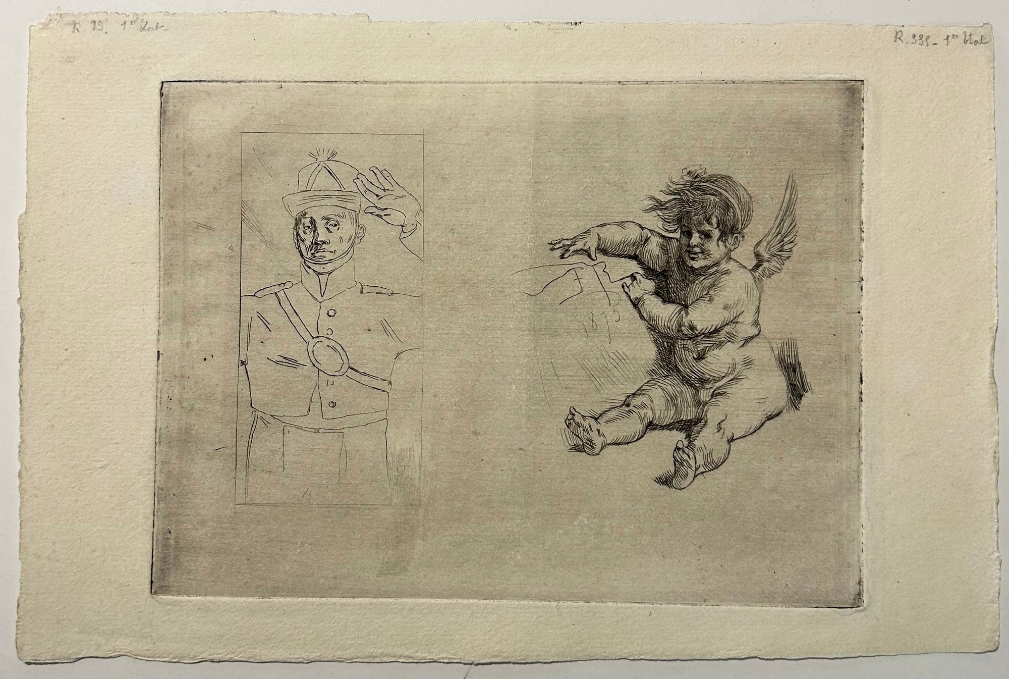 Félicien ROPS - Milice hanovrienne & L'Amour au tambourin. 1875. Eau-forte originale.
